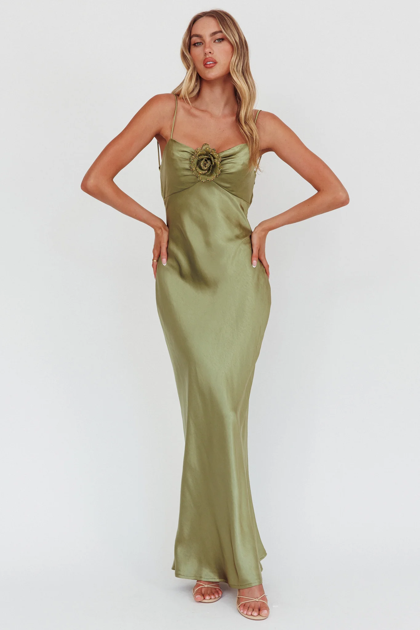 High Roller Cowl Back Rosette Maxi Dress Olive - Sonourner