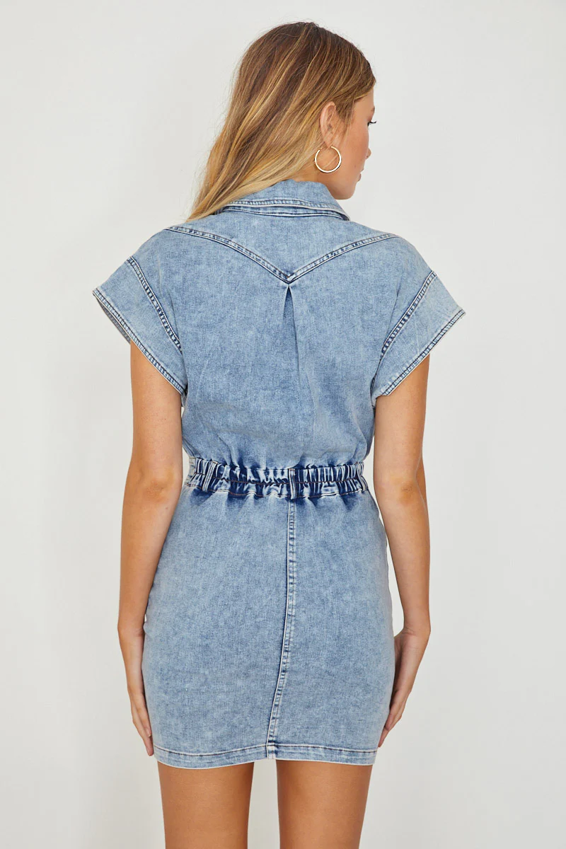 New Day Short Sleeve Button-Up Mini Dress Denim - Sonourner