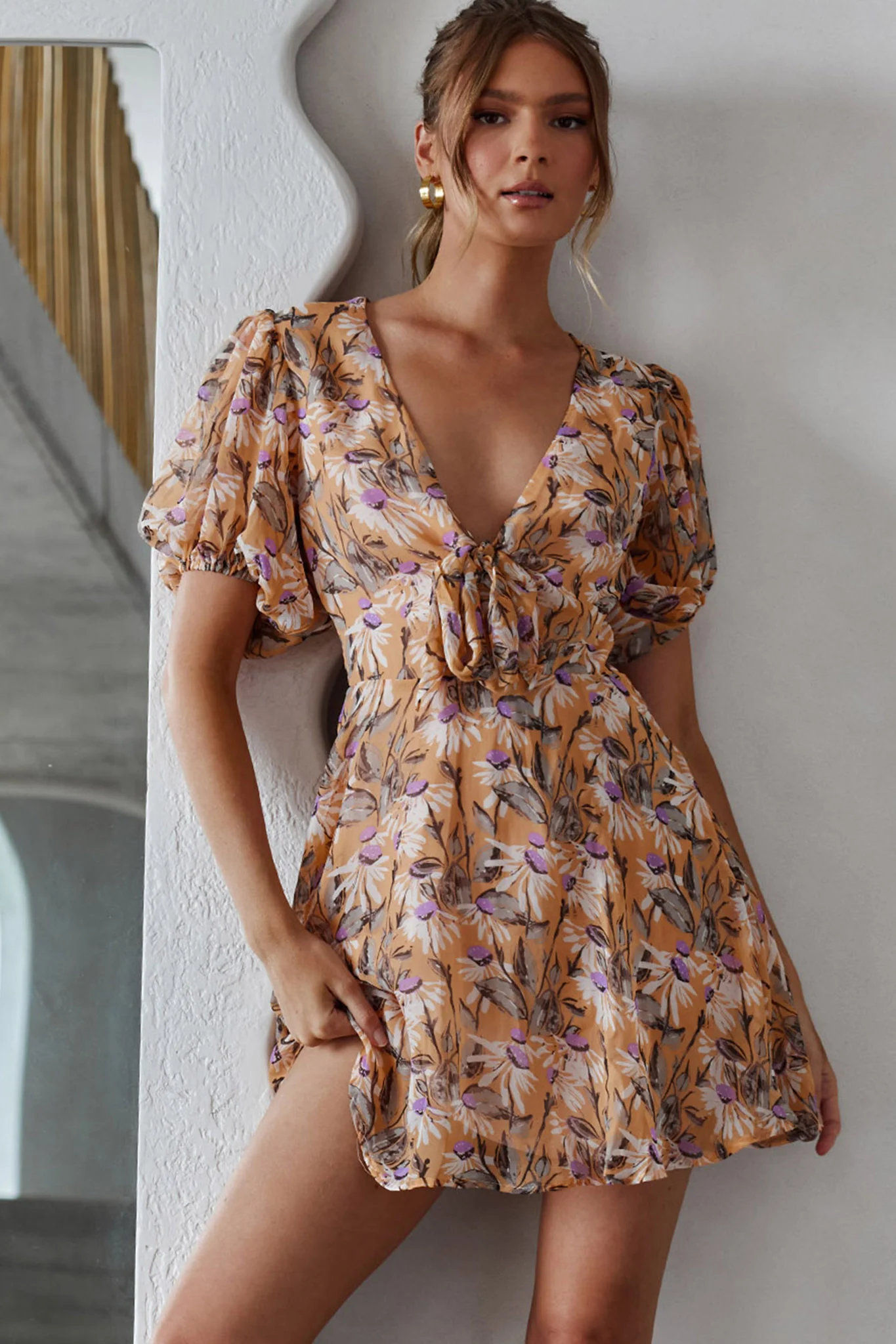 Madison Bow Tie Bust Puff Sleeve Dress Floral Orange - Sonourner