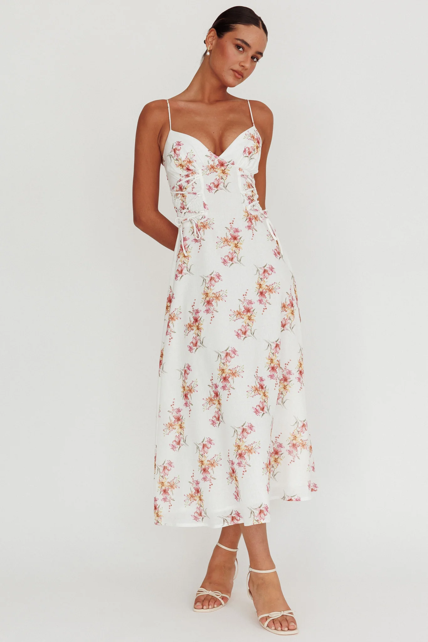 Kalaya Lace-Up Waist Midi Dress Floral - Sonourner