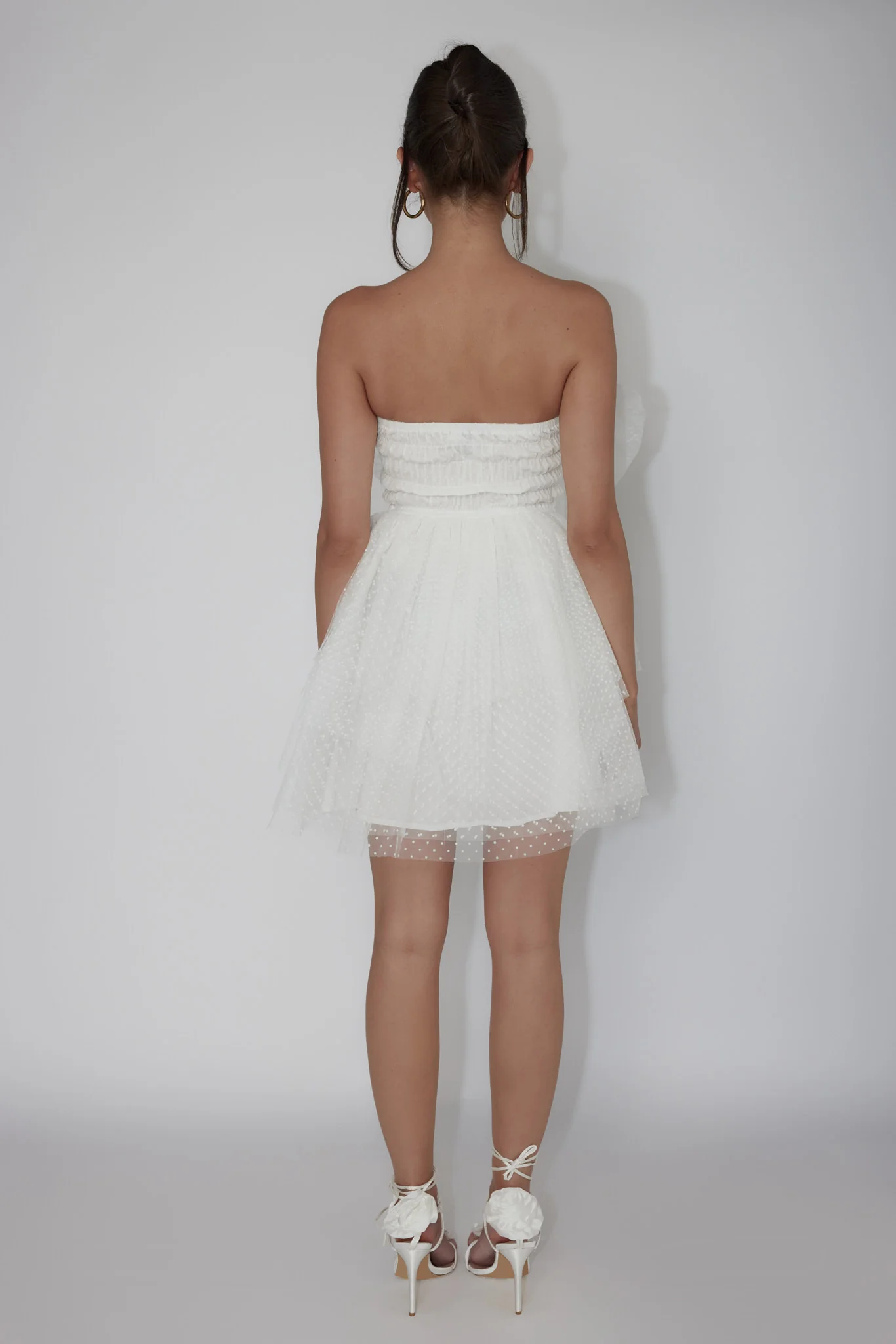 Deana Bow Bust Strapless Mini Dress Spotty White - Sonourner