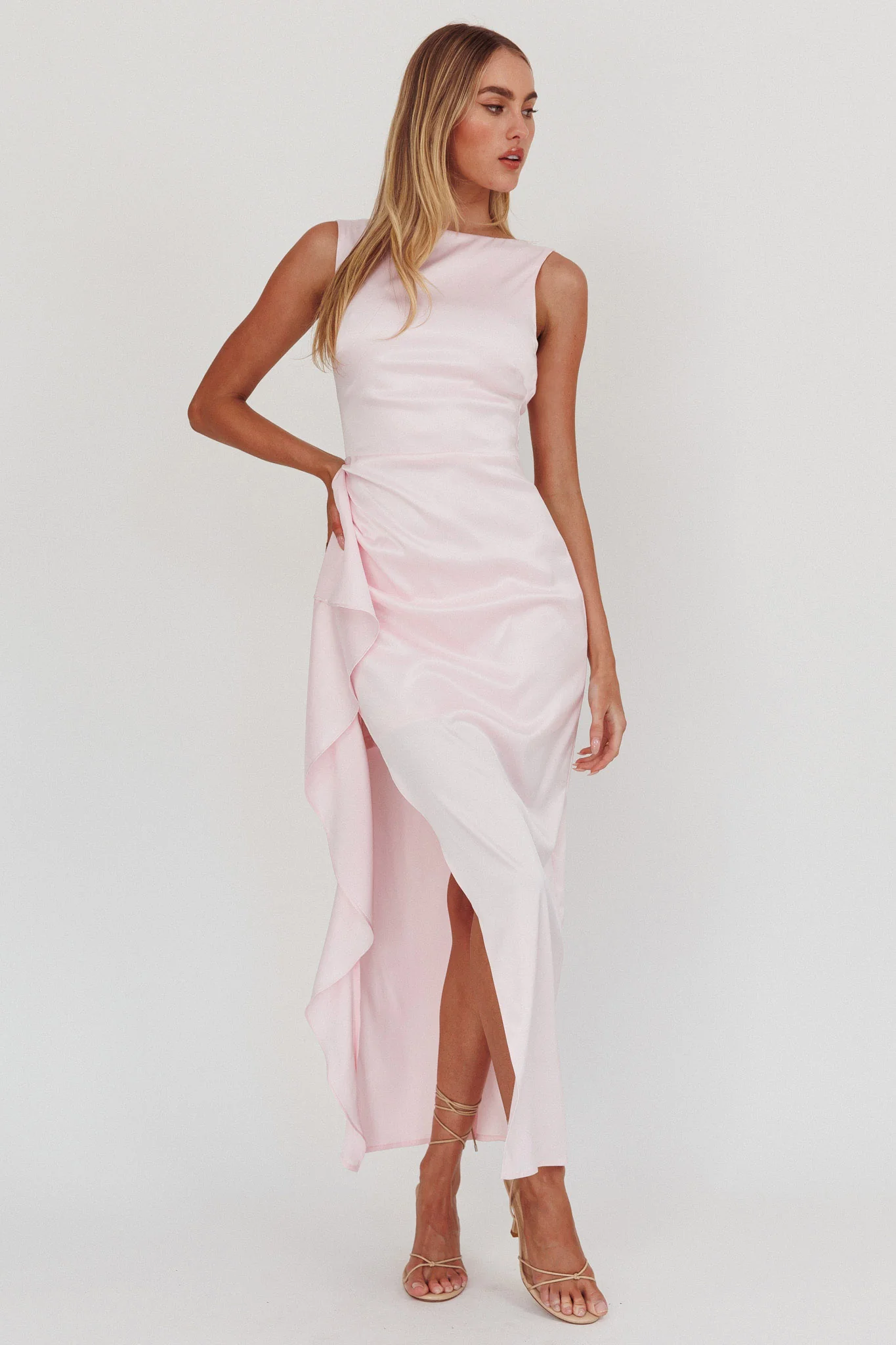 Kamillia Boat Neck Split Maxi Dress Ice Pink - Sonourner