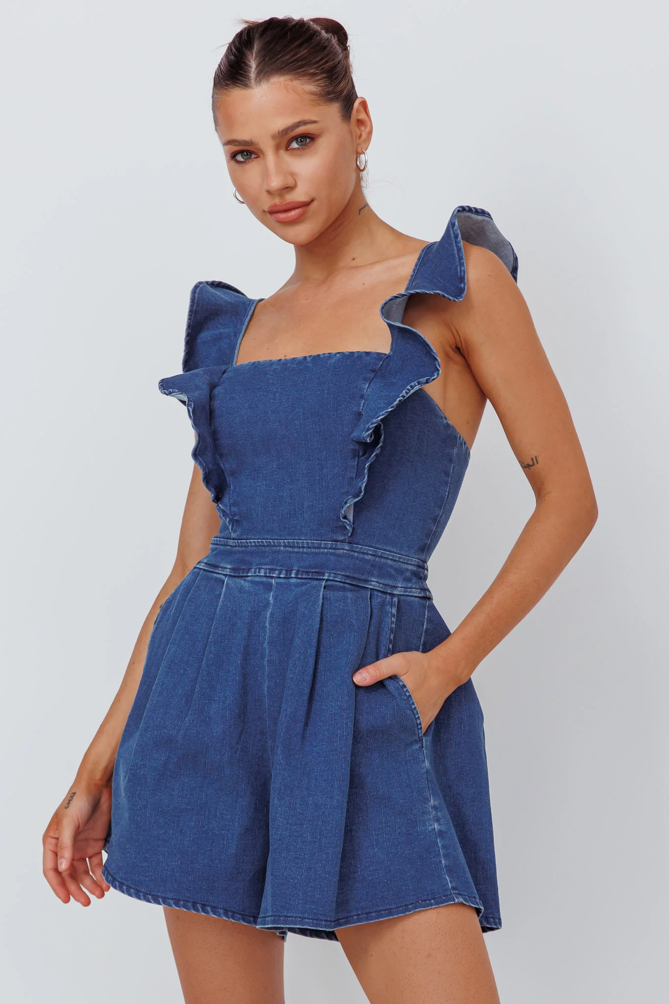 Nola Flared Ruffle Romper Light Denim - Sonourner