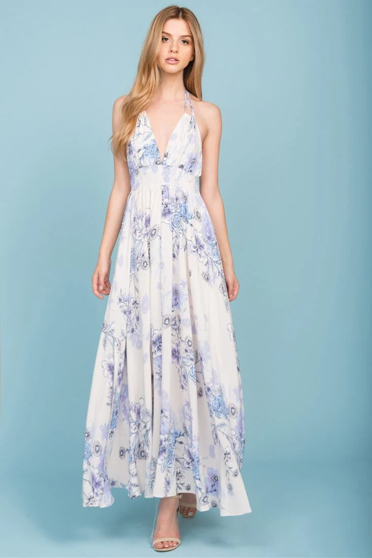 Baylor Floral Print Open Back Maxi Dress Beige - Sonourner