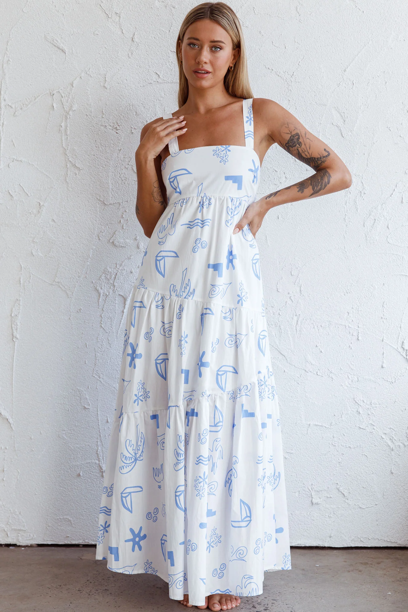 Indianna Square Neckline Maxi Dress Printed White - Sonourner