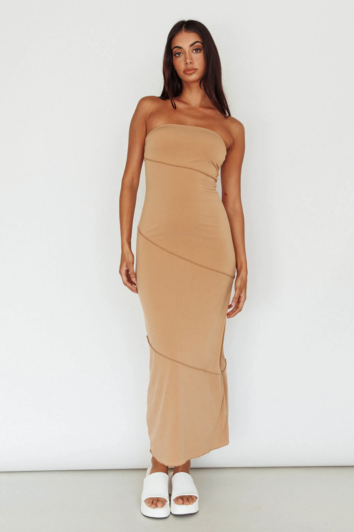 Making Headlines Strapless Midi Dress Camel - Sonourner