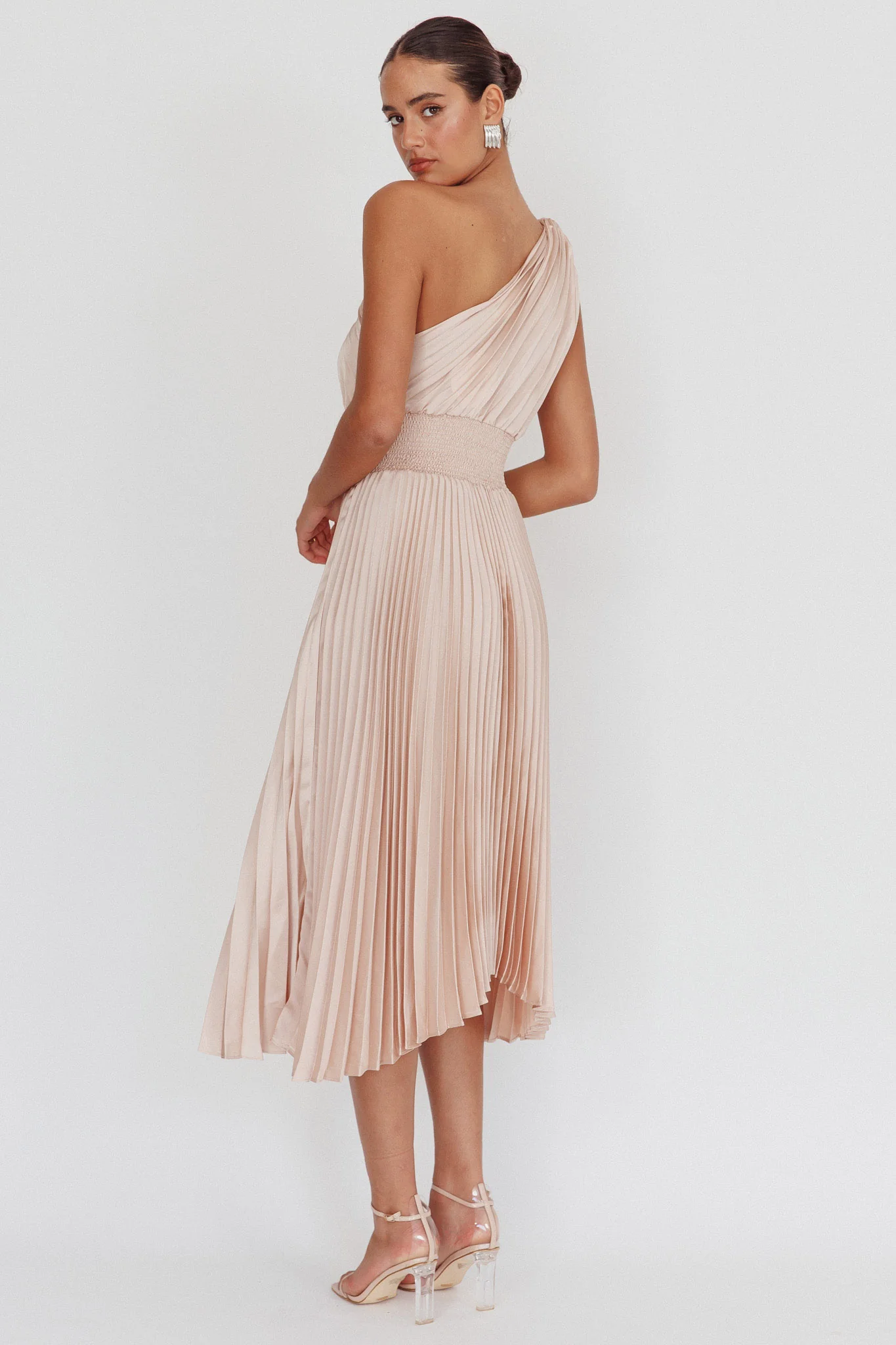 Calissa One Shoulder Pleated Midi Dress Champagne - Sonourner