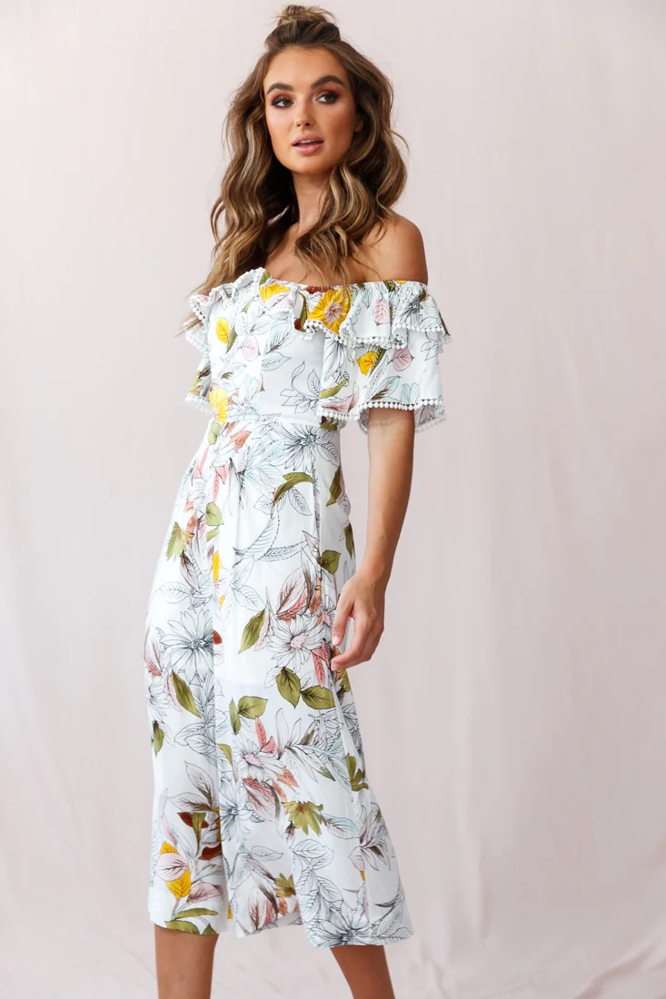 Keeper Off-Shoulder Culotte Jumpsuit Floral Print White - Sonourner