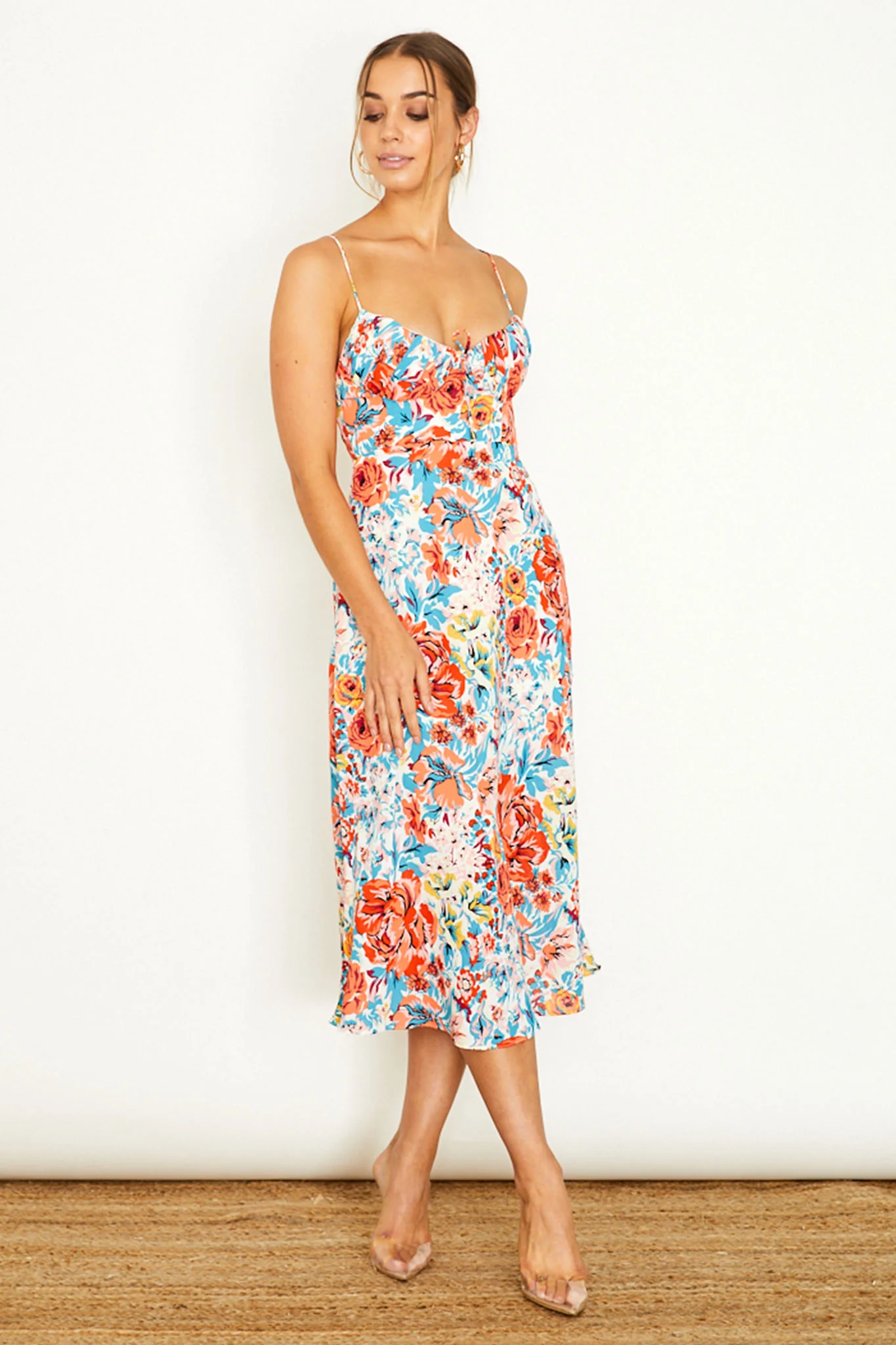 Malibu Gathered Bust Cami Strap Midi Dress Floral Orange - Sonourner