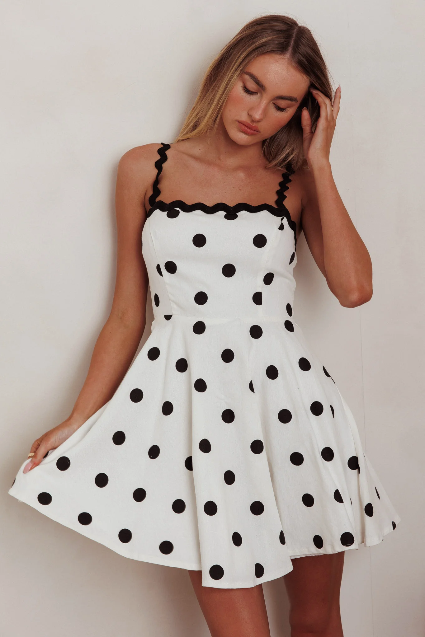 Won Me Over Polka Dot Ric Rac Mini Dress White - Sonourner