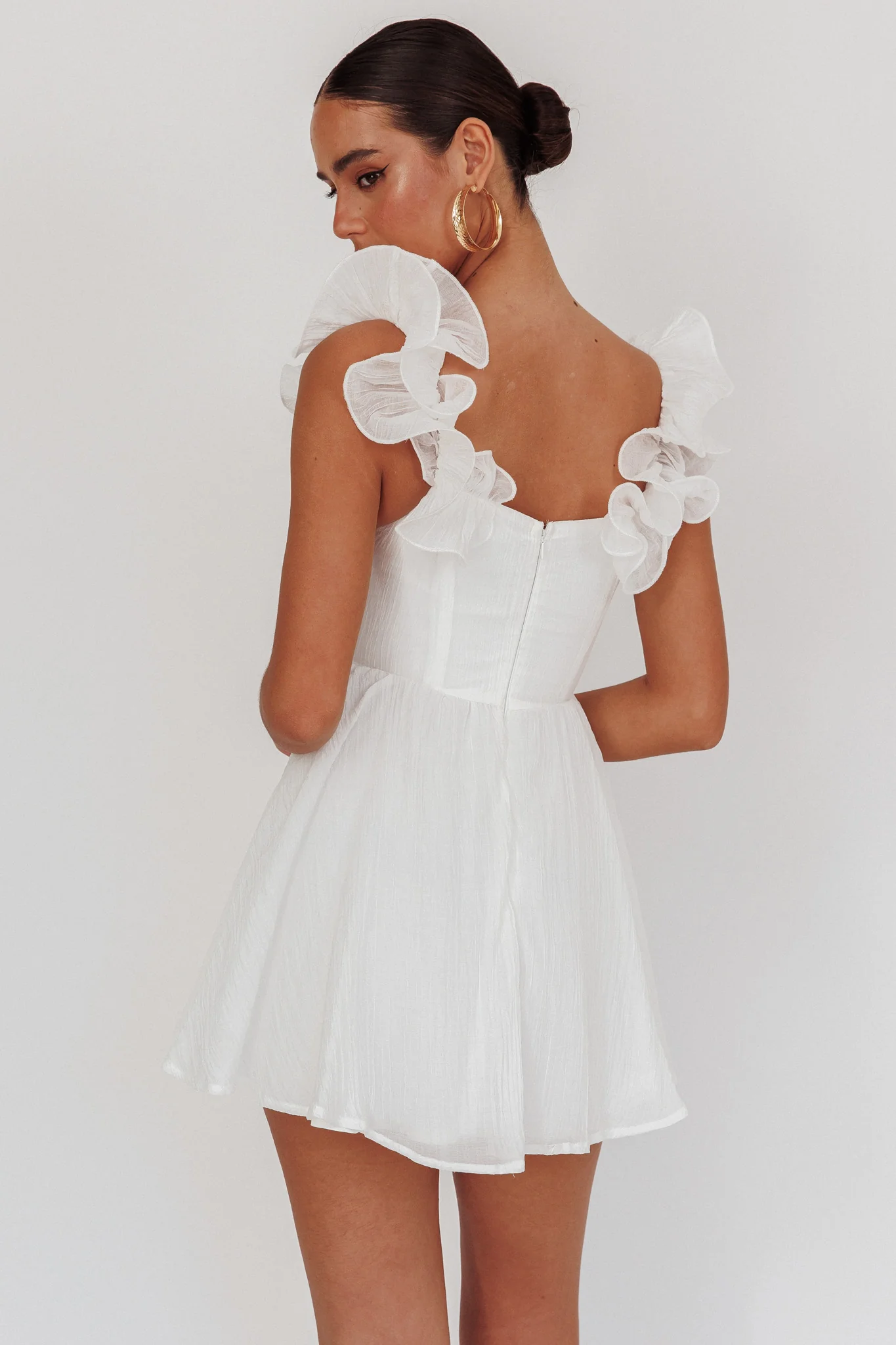 Nivaya Ruffle Neckline Mini Dress White - Sonourner