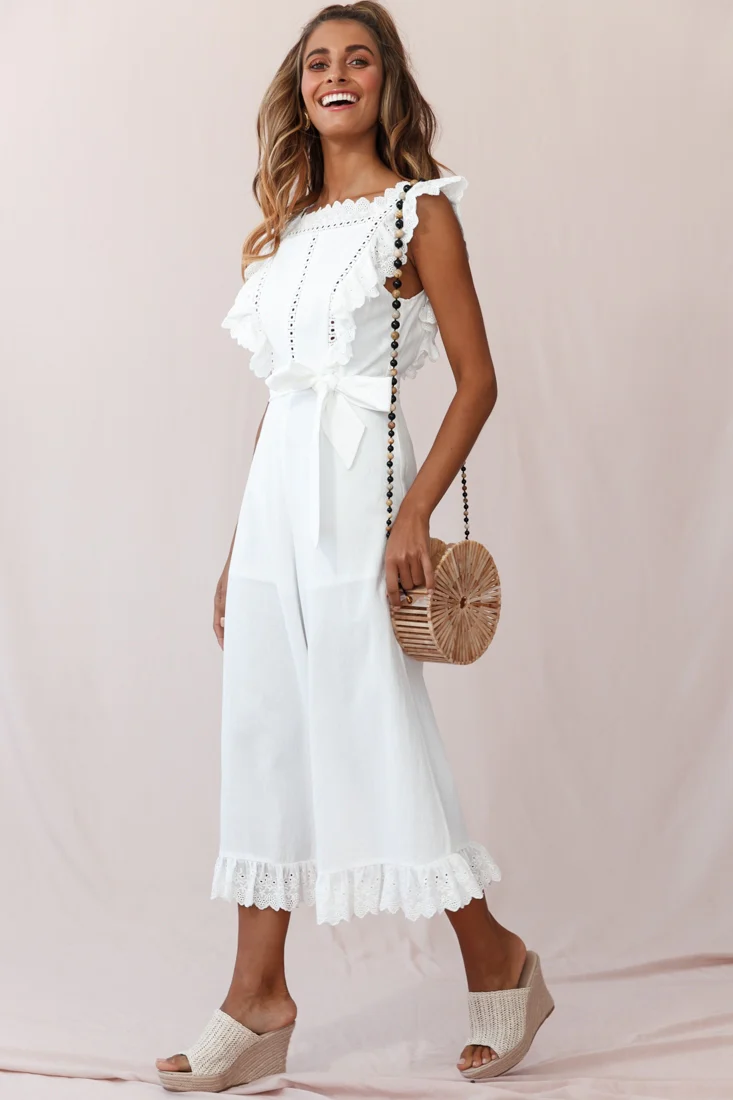 Meadow Ruffle Strap Open Back Midi Jumpsuit White - Sonourner