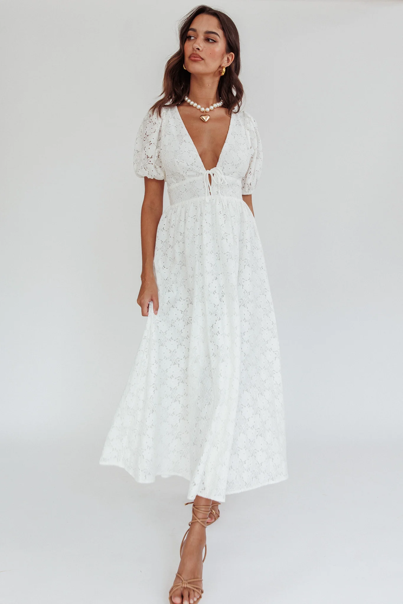 Sunday Kinda Love Puff Sleeve Lace Dress White - Sonourner