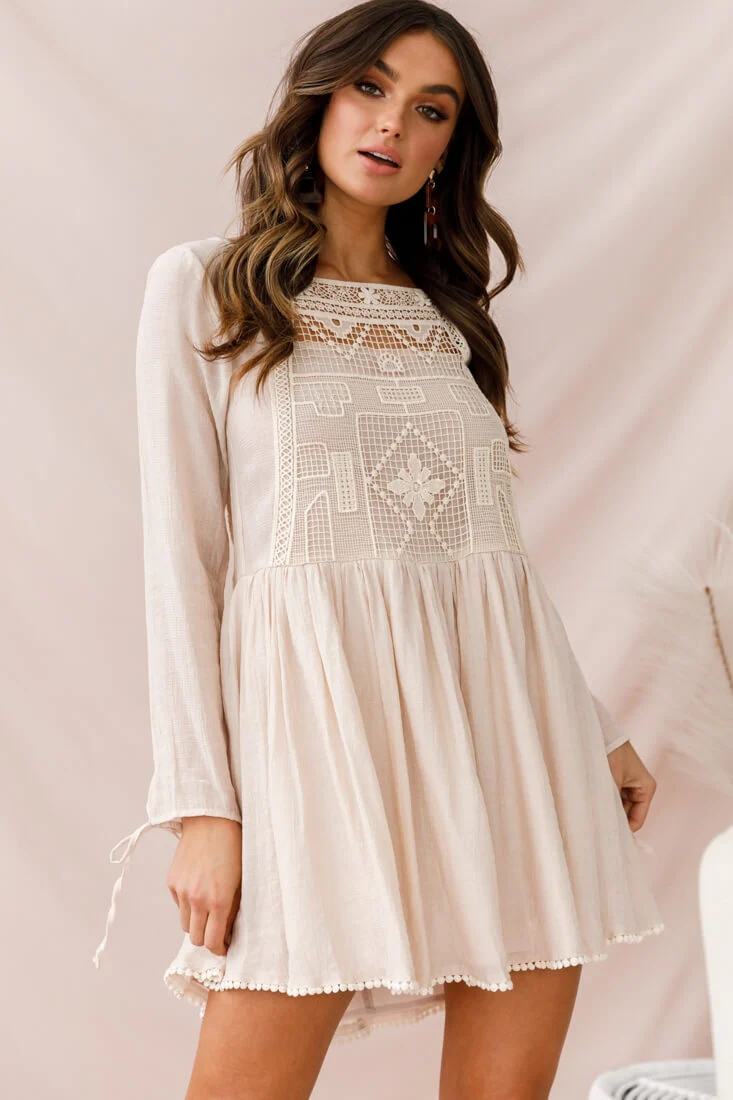 Cassie Embroidered Bust Swing Dress Beige - Sonourner