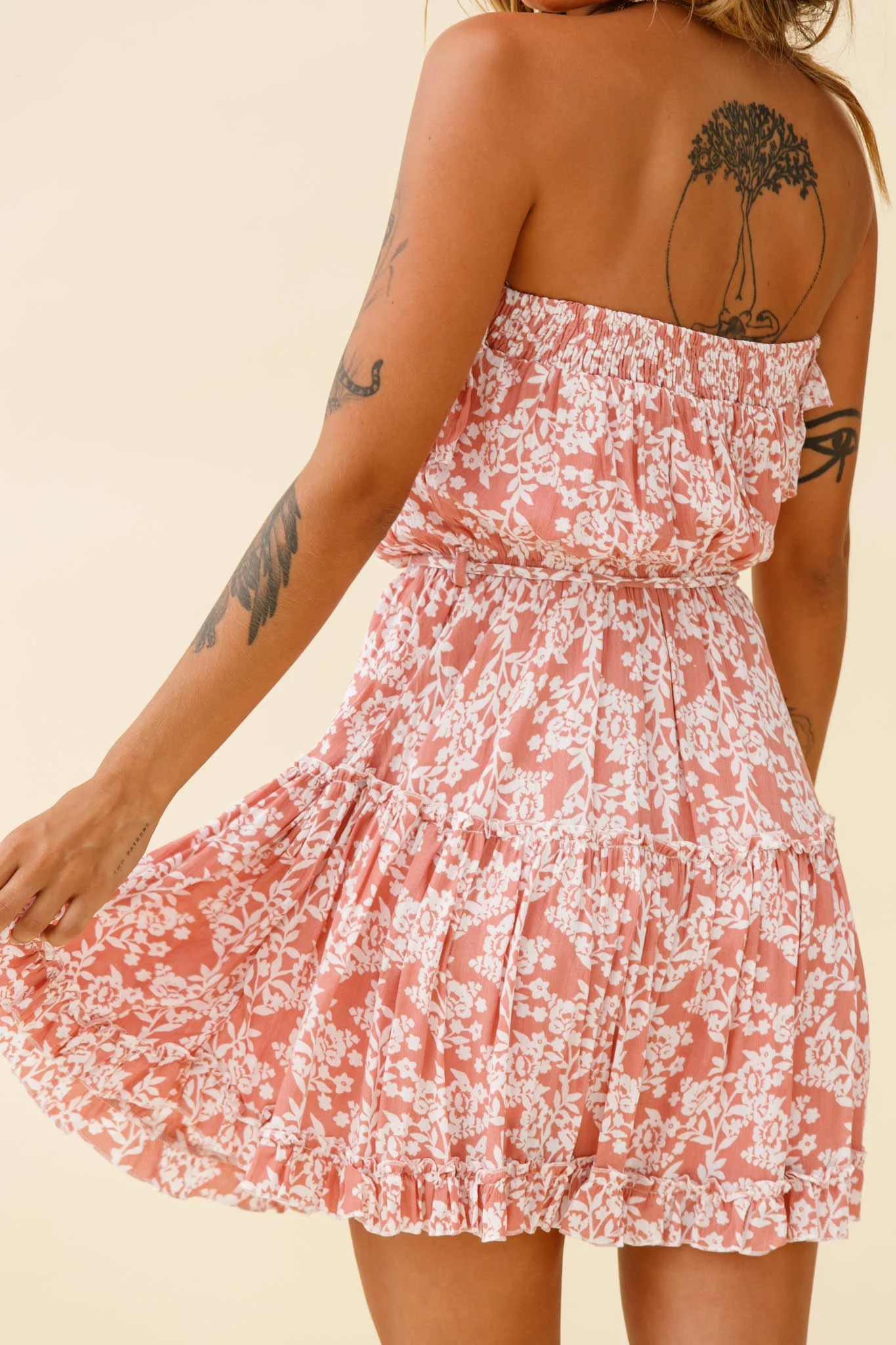 Raquel Strapless Layered Dress Floral Print Blush - Sonourner