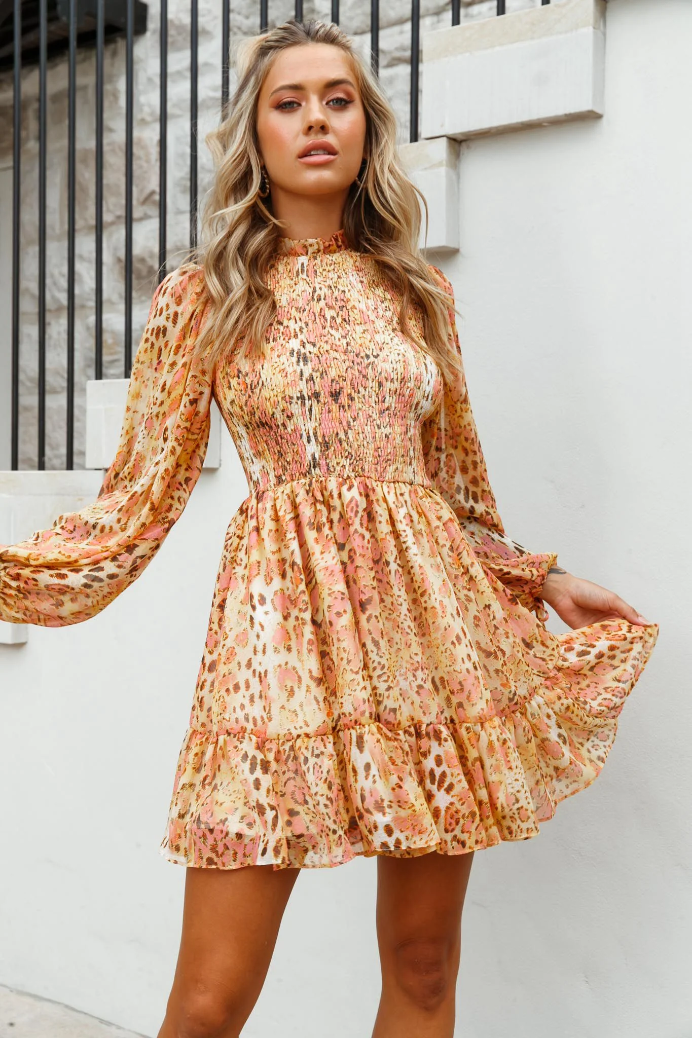 Marja Cami Strap Shirred Baby Doll Dress Leopard Print Pink - Sonourner