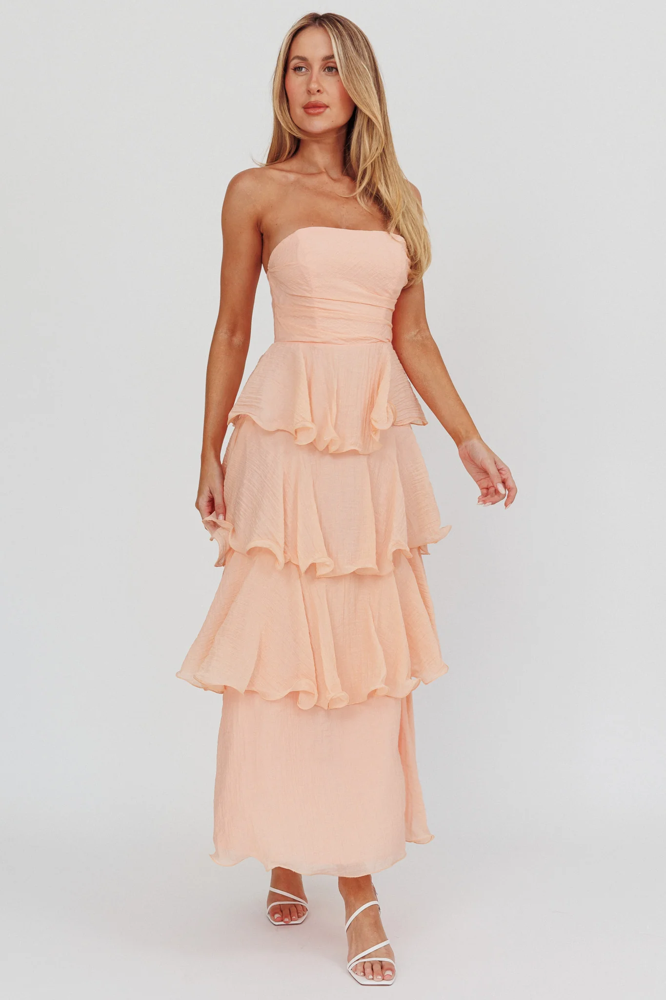 Giavana Strapless Layered Ruffles Midi Dress Blush - Sonourner