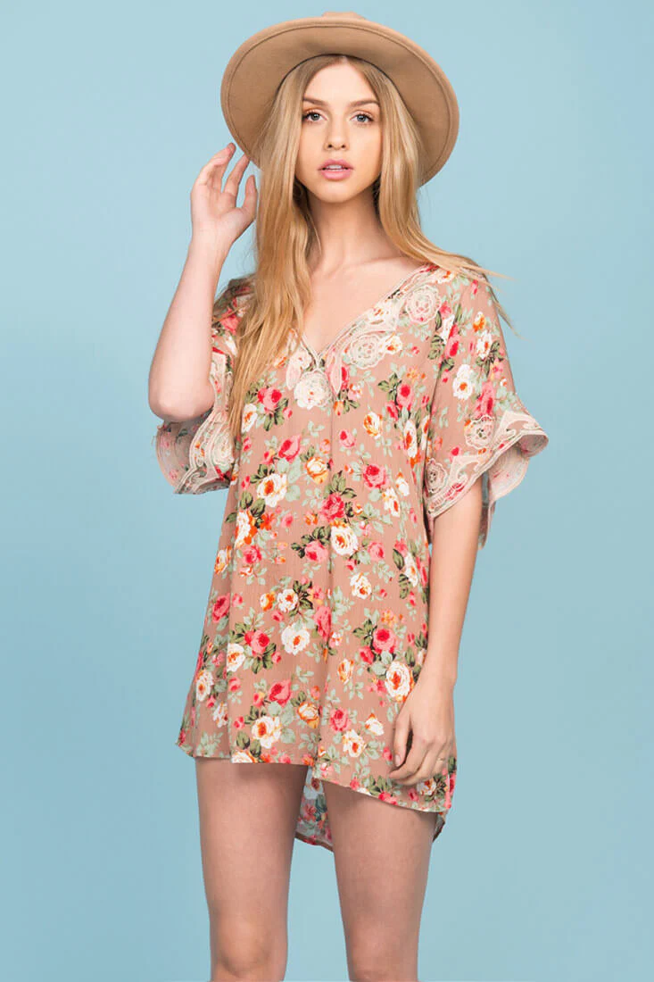 Brynn Floral Embroidered Tunic Dress Mocha - Sonourner