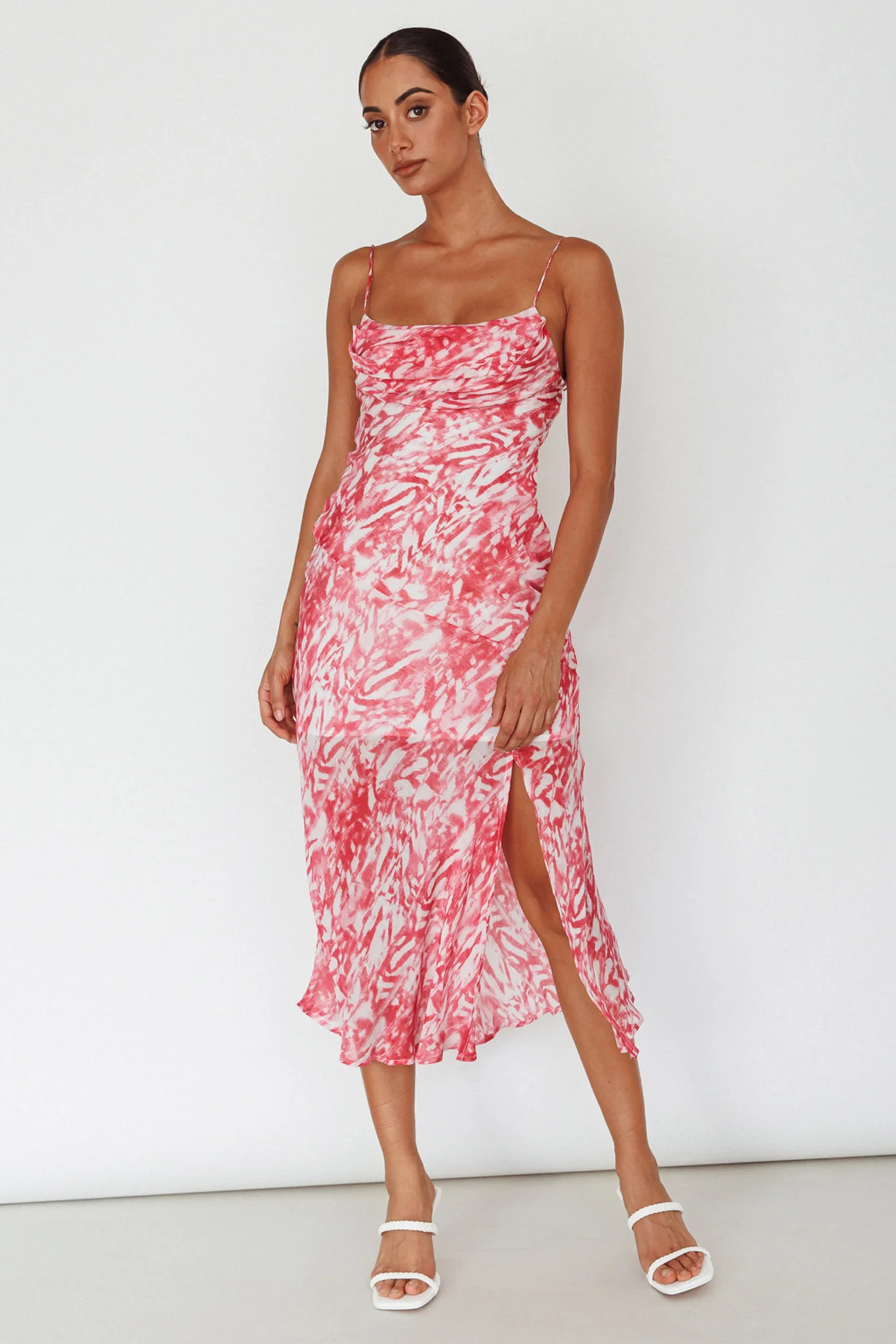 Well Versed Pleated Bust Front Split Dress Swirl Fuchsia - Sonourner