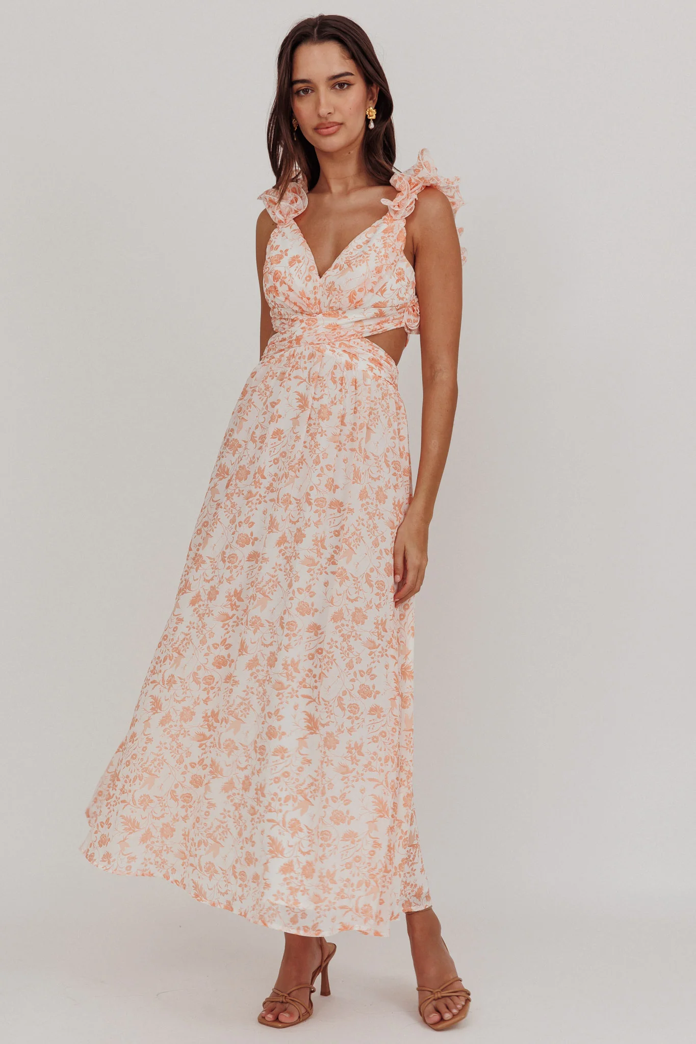 Madara Lace-Up Back Maxi Dress Flowers Orange - Sonourner