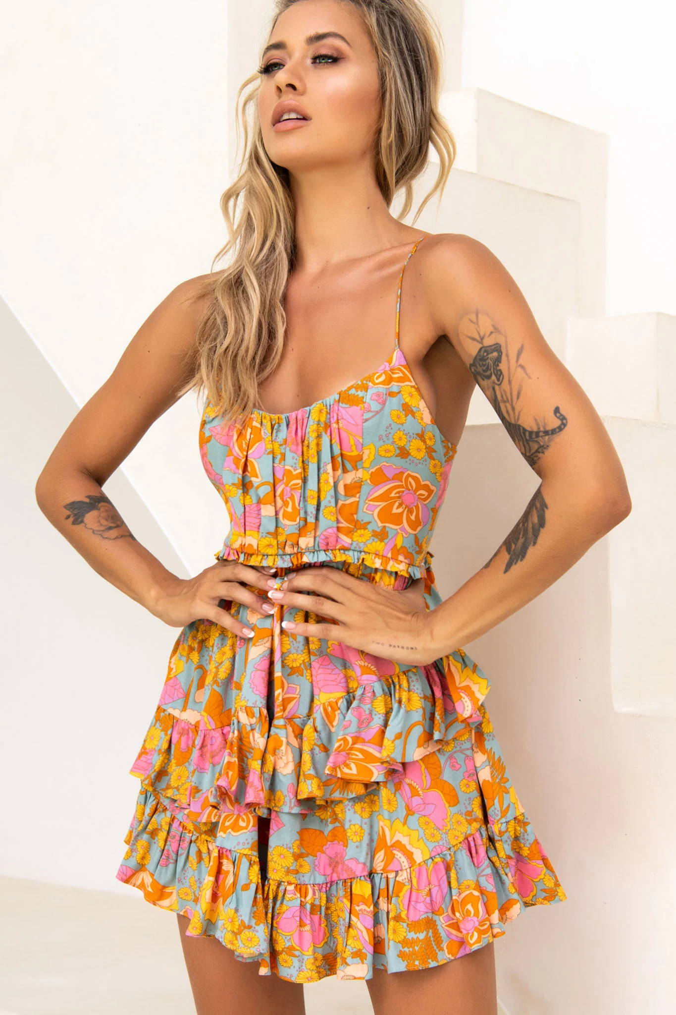 Geordie Ruched Bust Frill Trim Dress Floral Print Aqua Multi - Sonourner