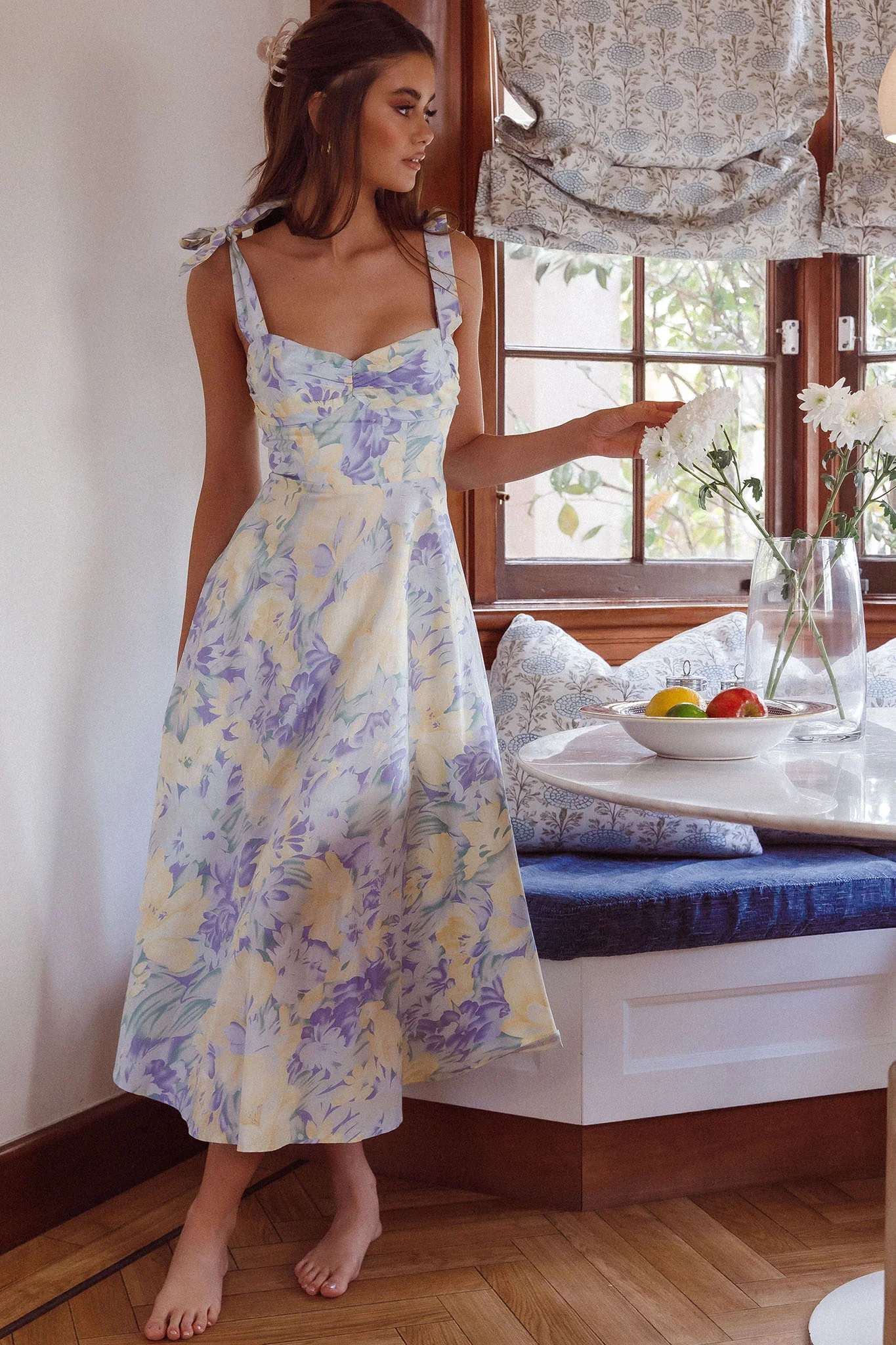 Sweet Pea Tied Shoulder Midi Dress Floral Purple - Sonourner