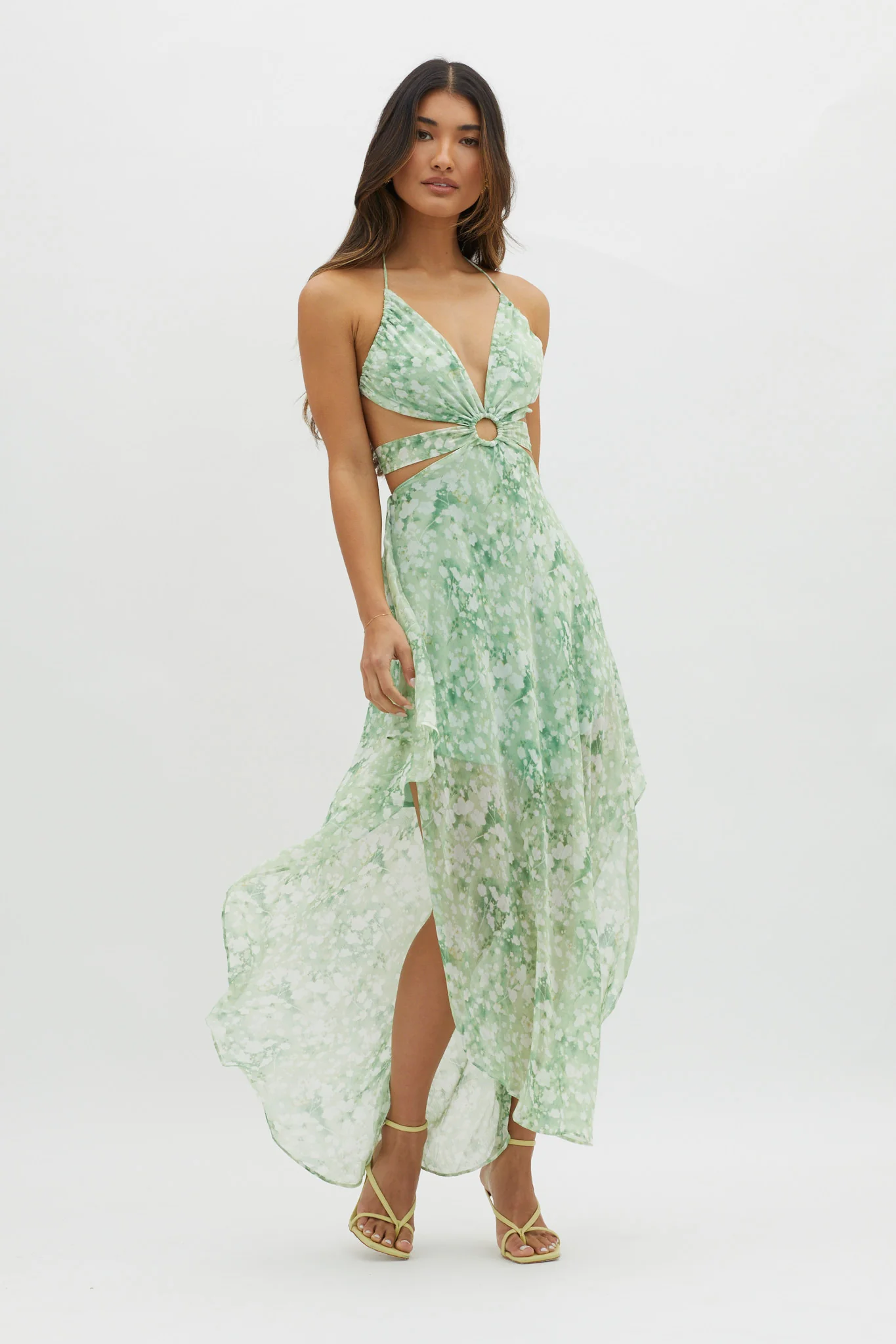 Samia Cut-Out Halterneck Midi Dress Print Green - Sonourner