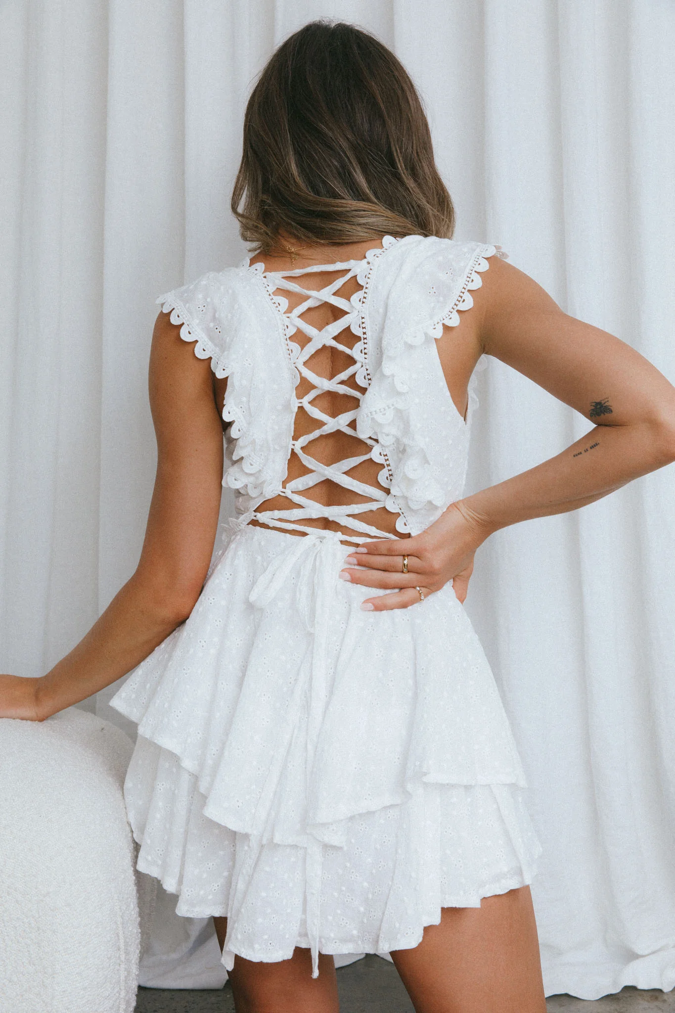 Charade Ruffle Shoulder Corset Back Eyelet Dress White - Sonourner