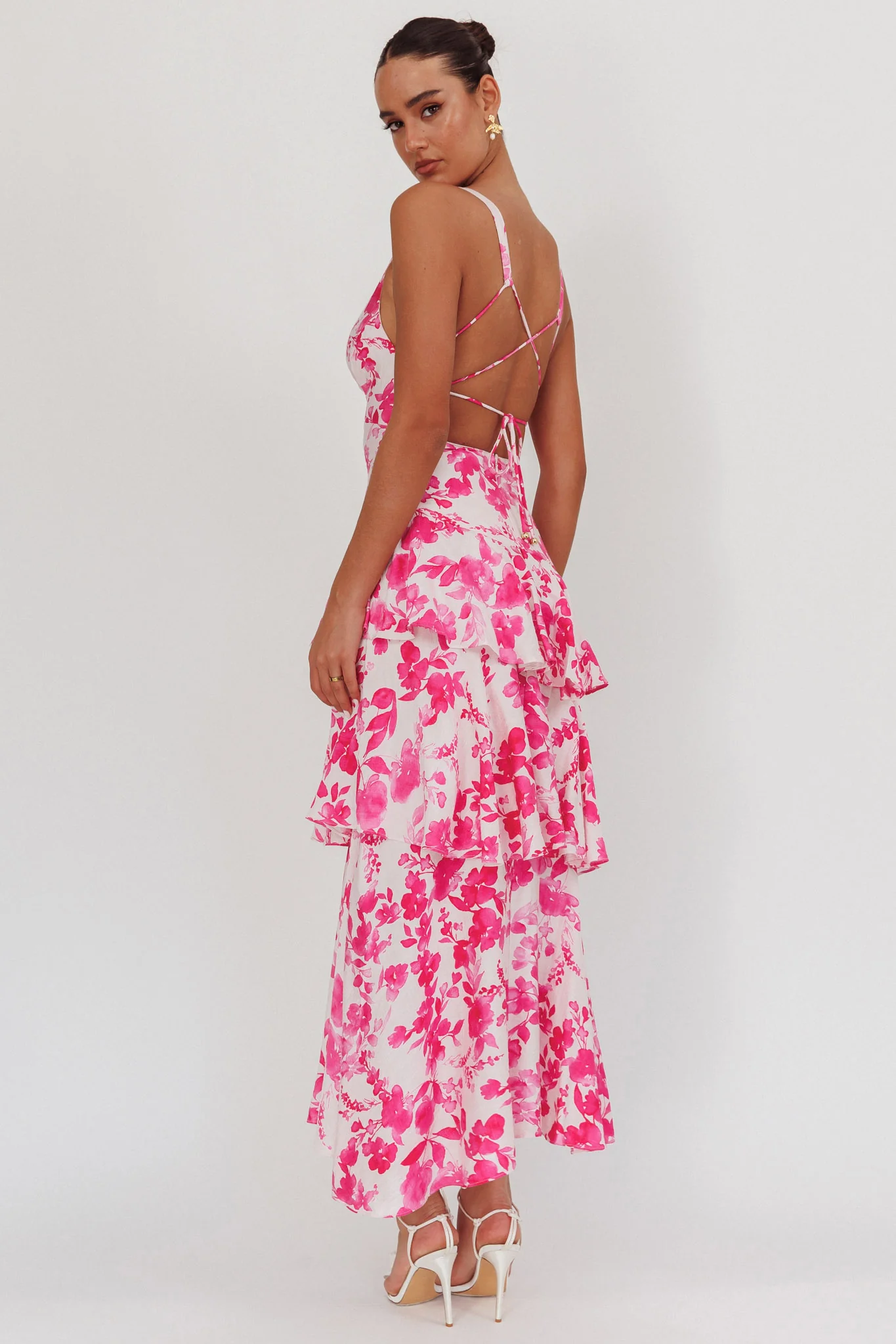 Veda Strappy Back Ruffle Maxi Dress Floral Fuchsia - Sonourner