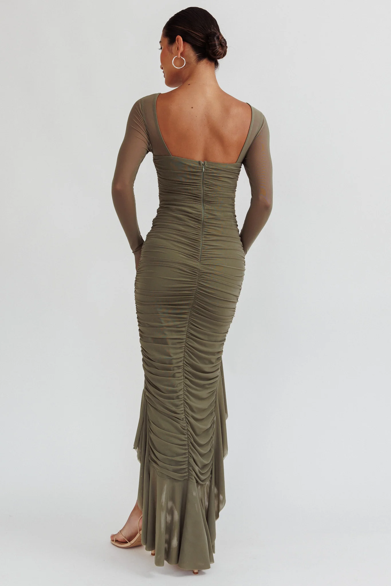 Jozelle Long Sleeve Ruched Maxi Dress Olive - Sonourner