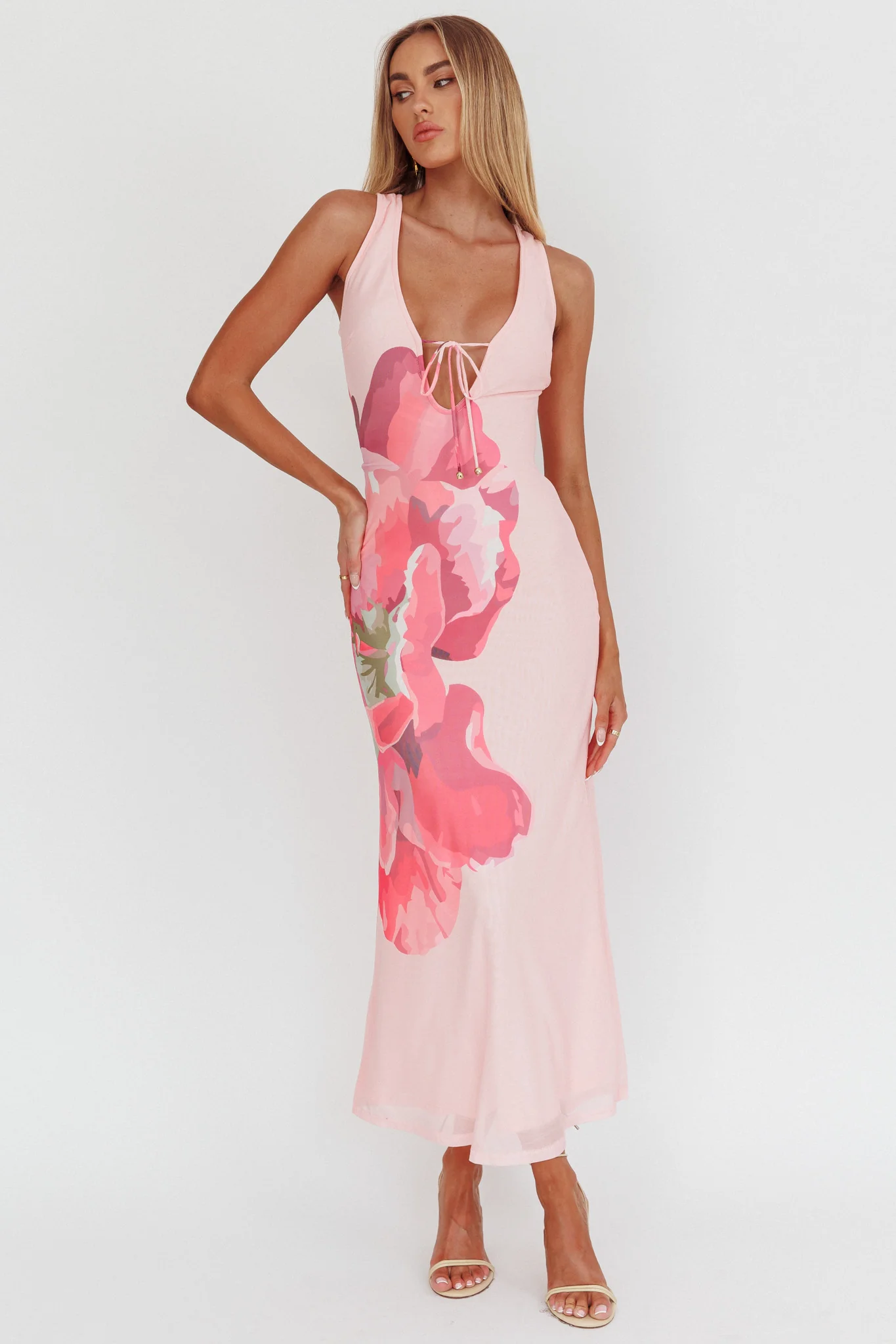 Cinders Tied Plunging Neckline Maxi Dress Flower Pink - Sonourner