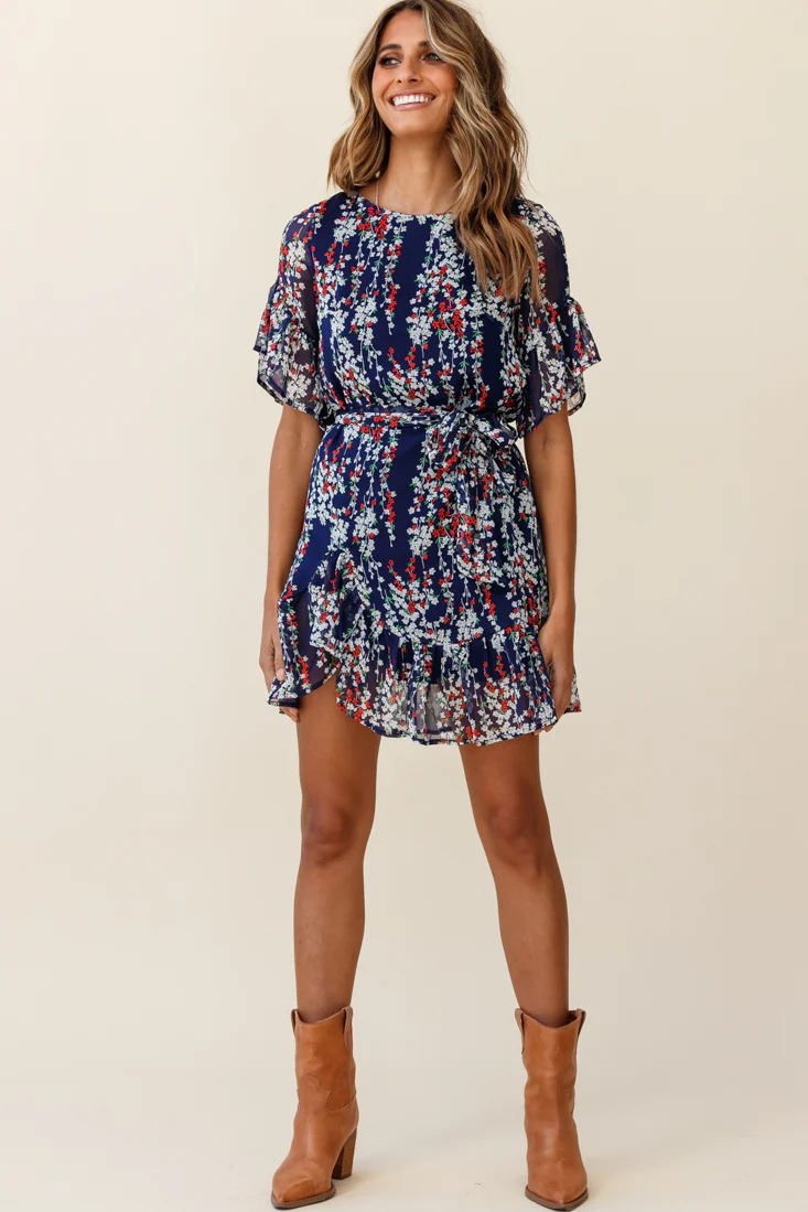 Azealia Ruffle Hem Dress Floral Print Navy - Sonourner