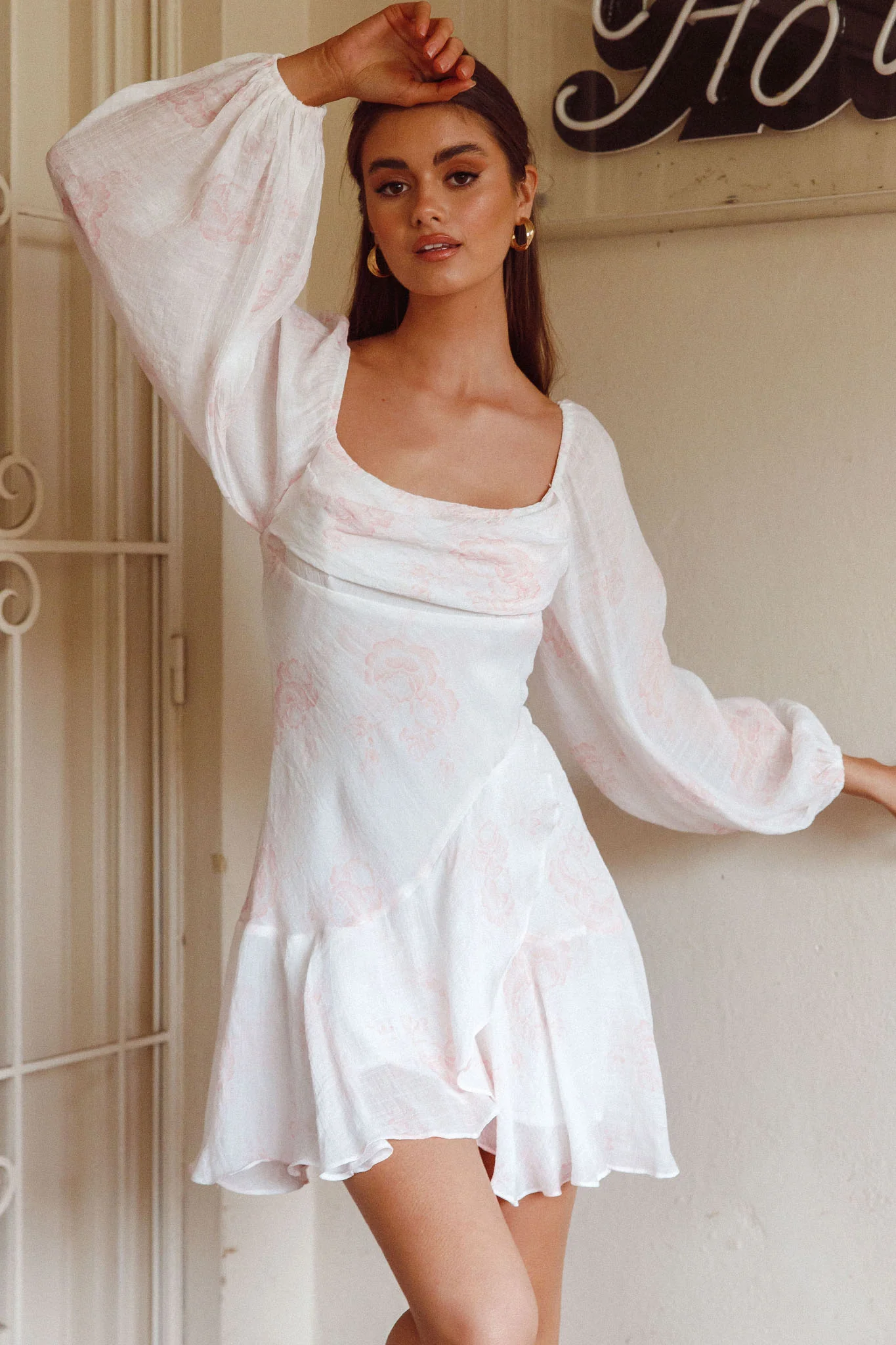 Beaujolais Long Sleeve Cowl Neckline Ruffle Mini Dress Floral Blush - Sonourner