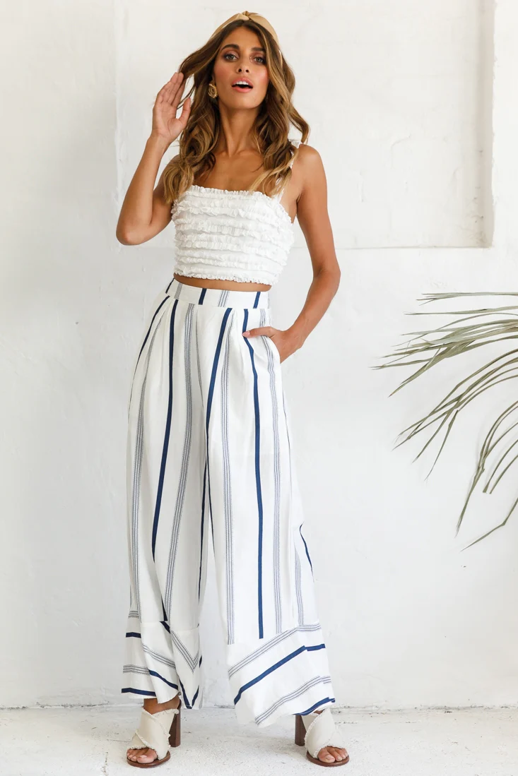 Hermosa Wide Leg Pocket Pants Stripe Print Navy - Sonourner