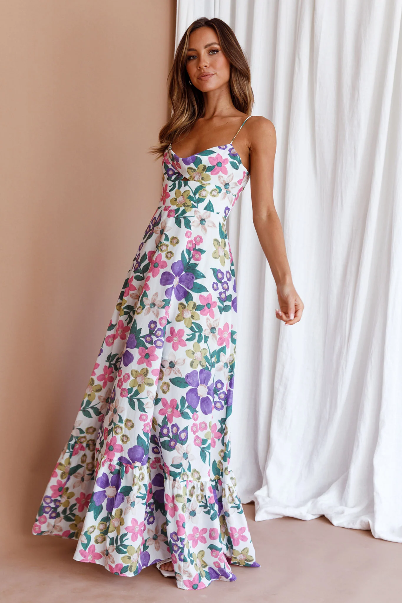 Beachside Flounce Hem Maxi Dress White Floral - Sonourner