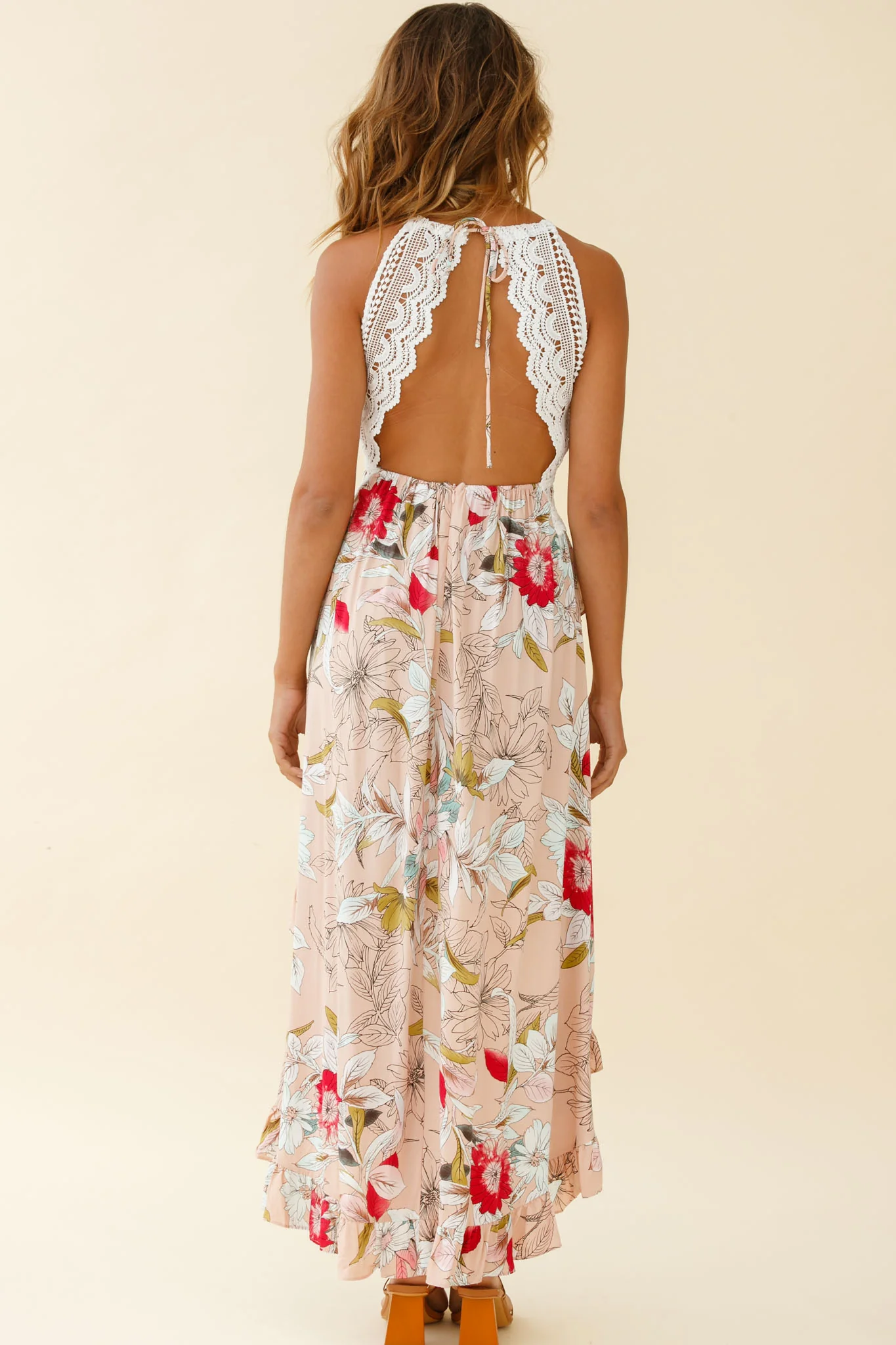 Over The Moon High-Low Hem Crochet Lace Dress Floral Print Mocha - Sonourner