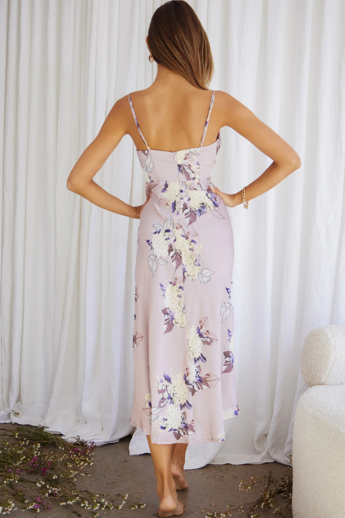 Suki Front Split Midi Dress Hydrangea Print Pink - Sonourner