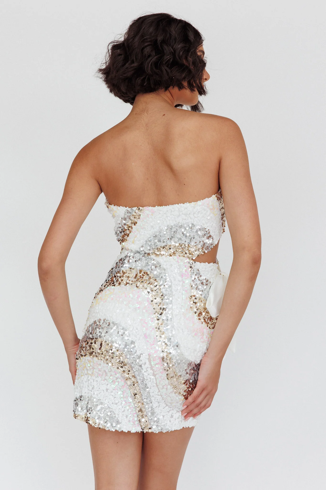 Eyes For You Waist Tie Mini Dress Sequin White - Sonourner