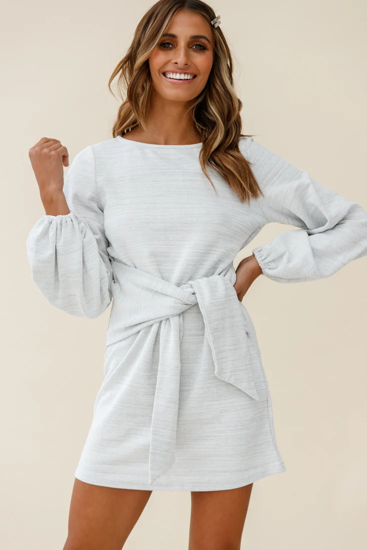 Rapt Waist Tie Bishop Sleeve Knit Dress Steel Grey - Sonourner