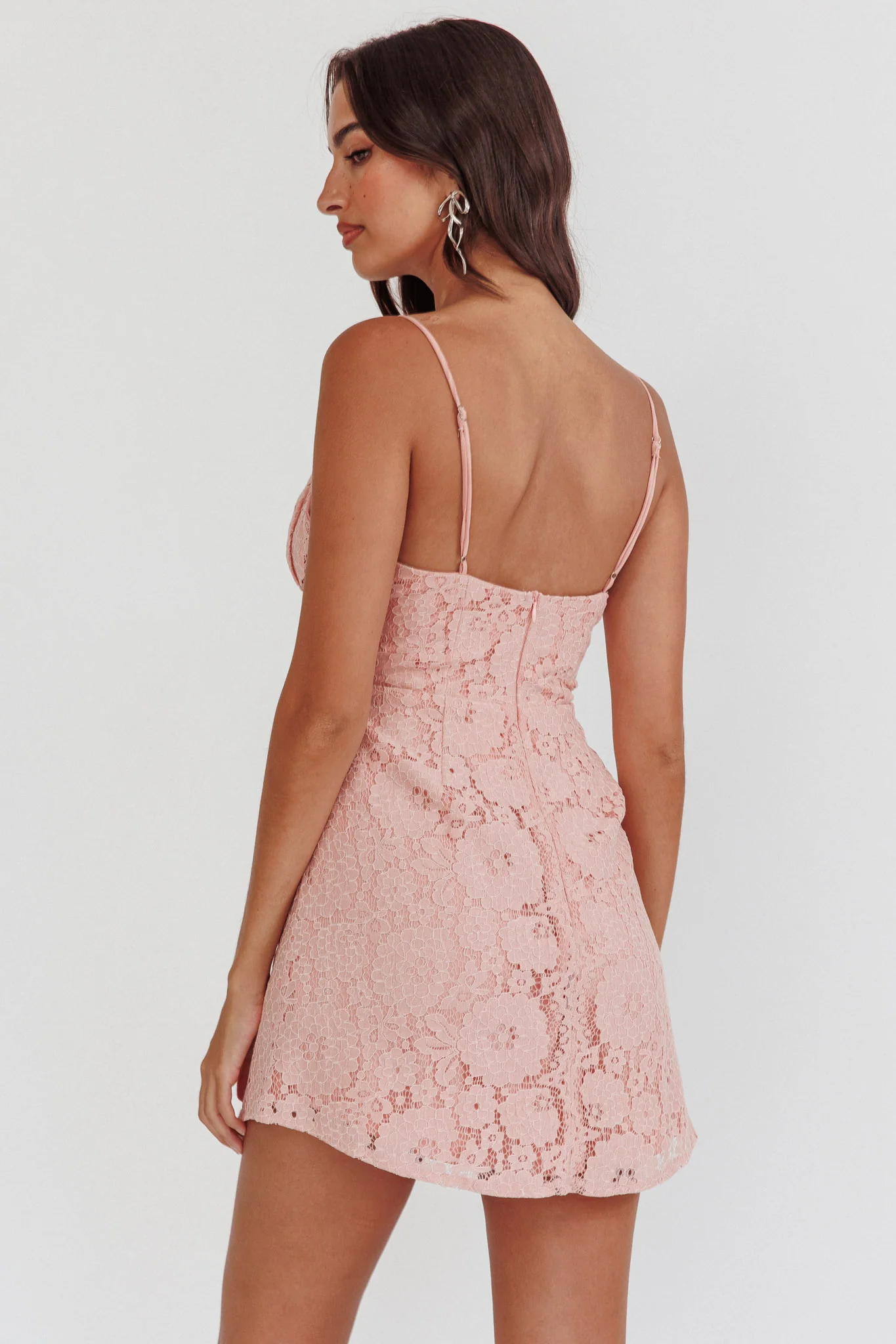 In My Dreams Lace Overlay Tie Bust Dress Pink - Sonourner