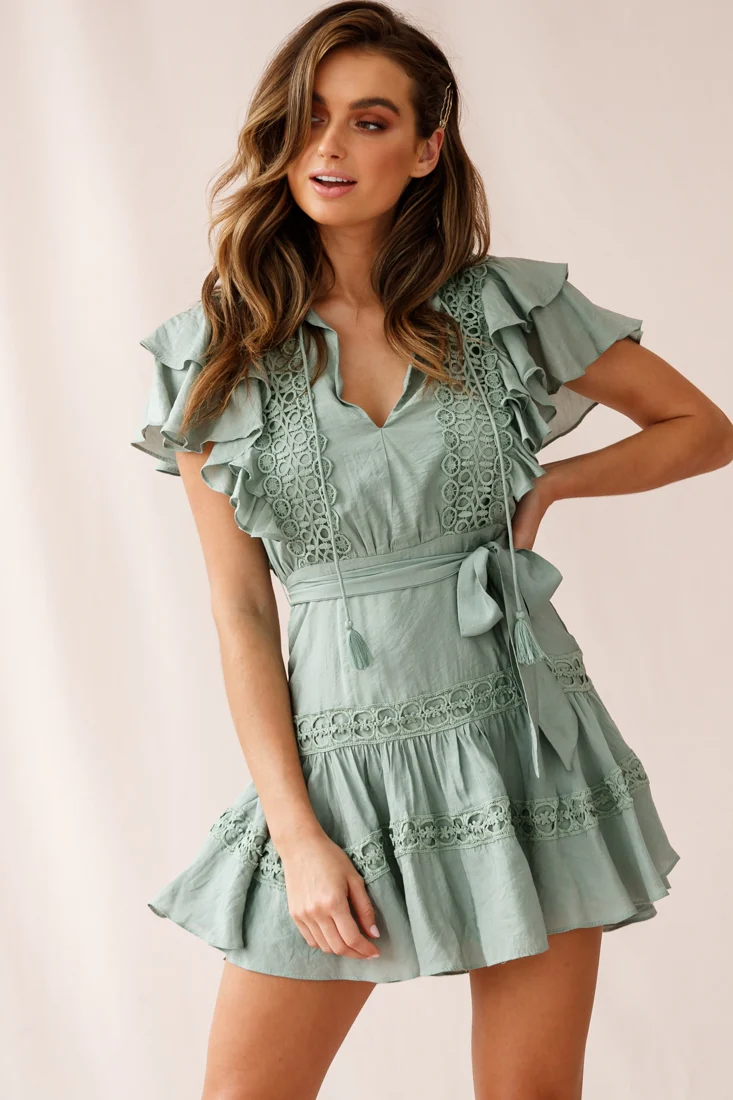 Sheridan Double Frill Sleeve Crochet Detail Dress Olive - Sonourner
