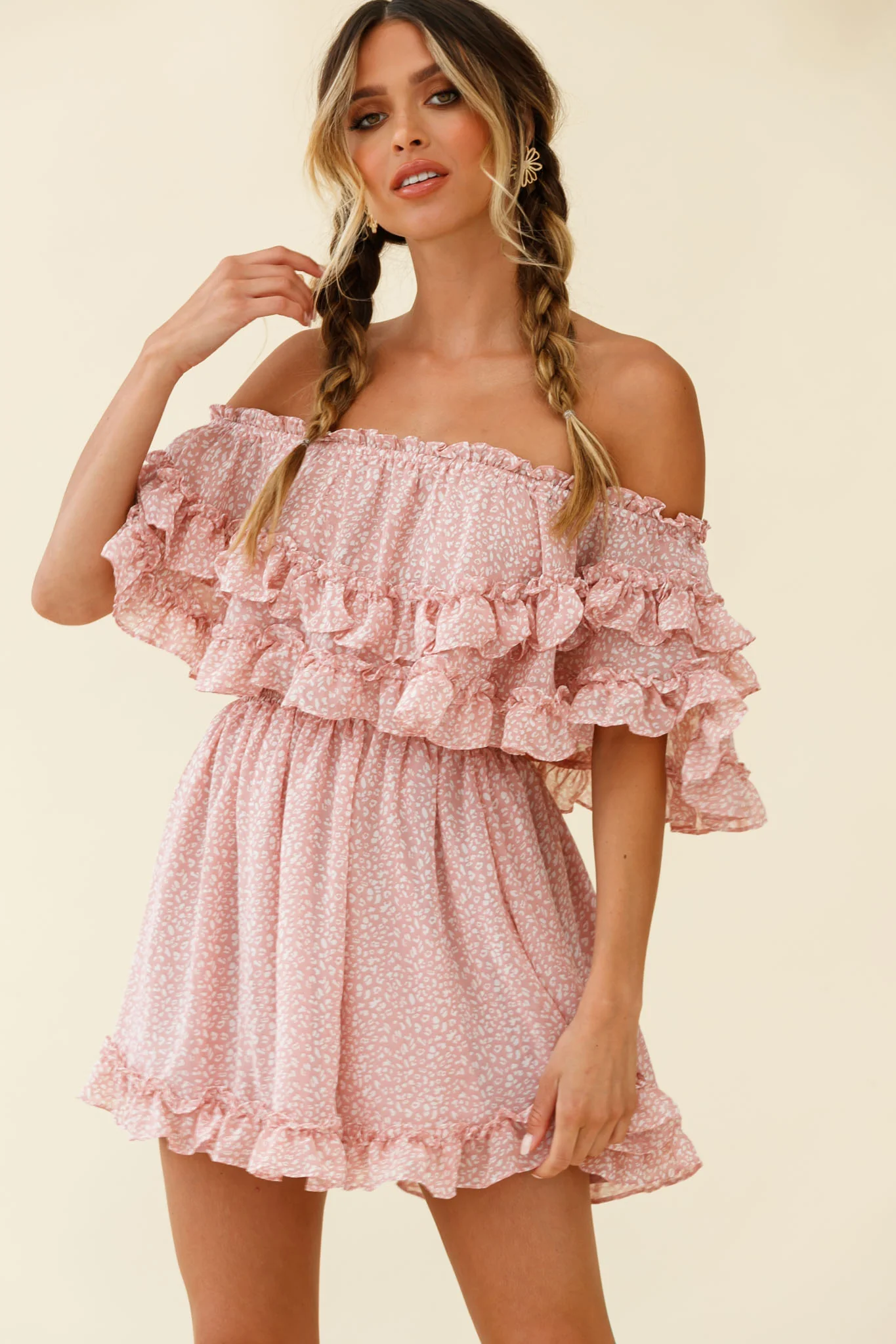 Meet Me At Sunset Bardot Neckline Frill Trim Dress Speckle Print Pink - Sonourner