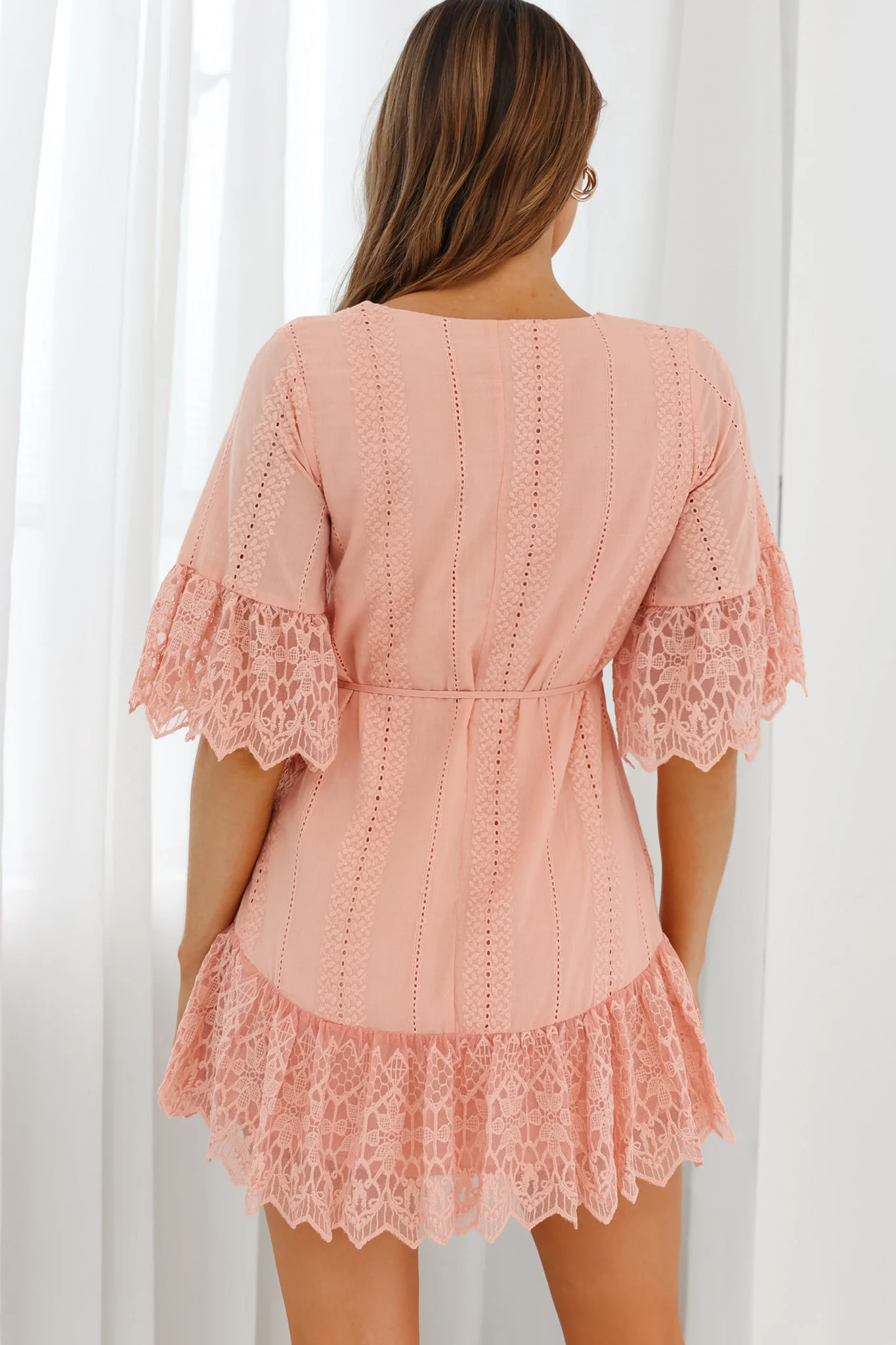 Karissa Lace Trim Waist Tie Tunic Dress Blush - Sonourner