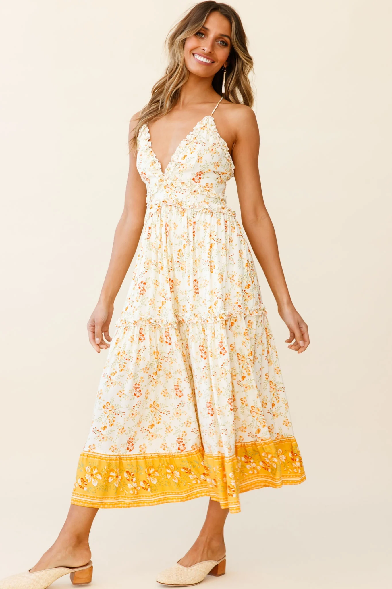 Laney Low Back Cami Strap Midi Dress Hibiscus Print Mustard - Sonourner