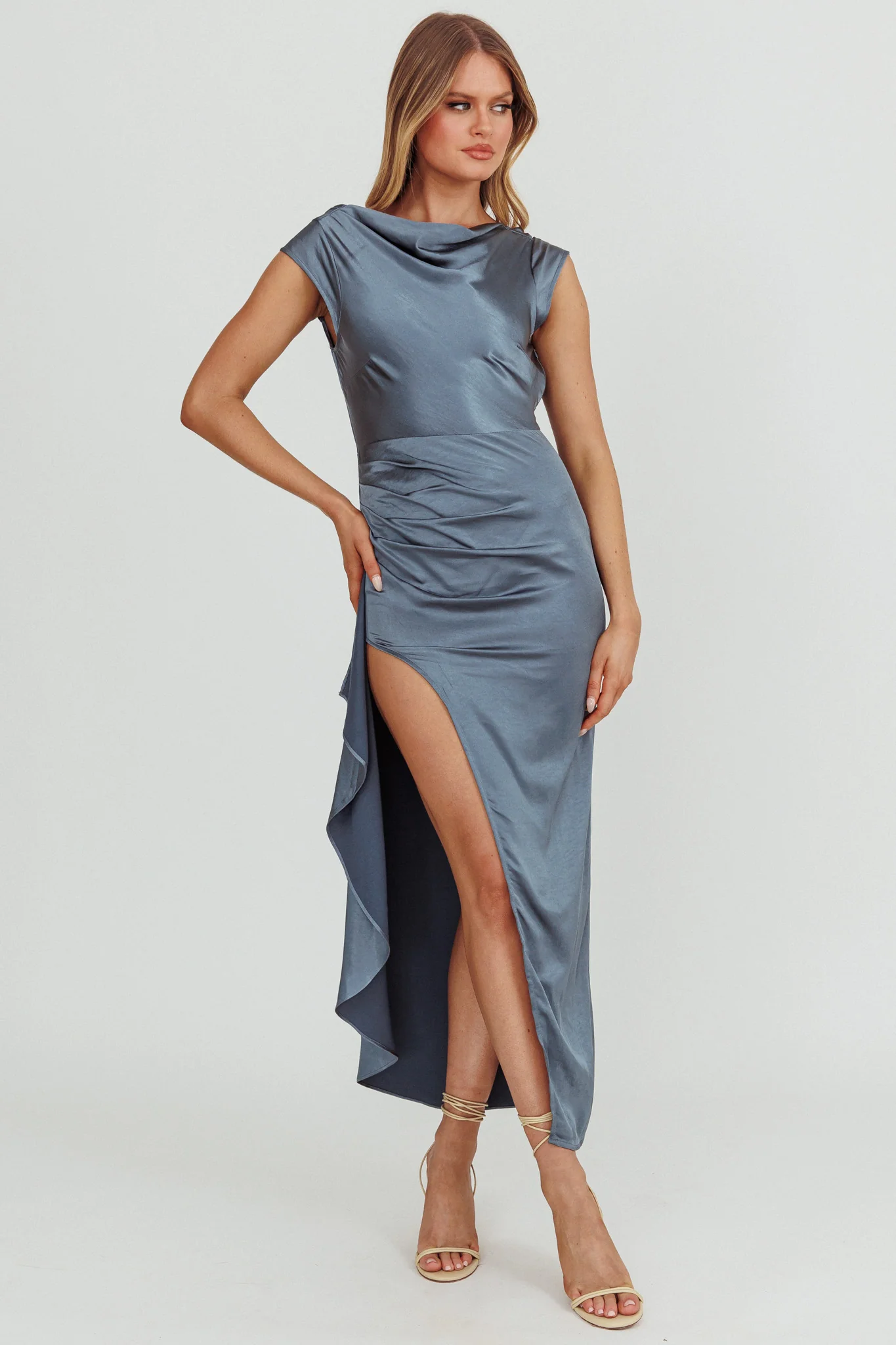 Grecian Cap Sleeve Cowl Back Dress Steel Blue - Sonourner