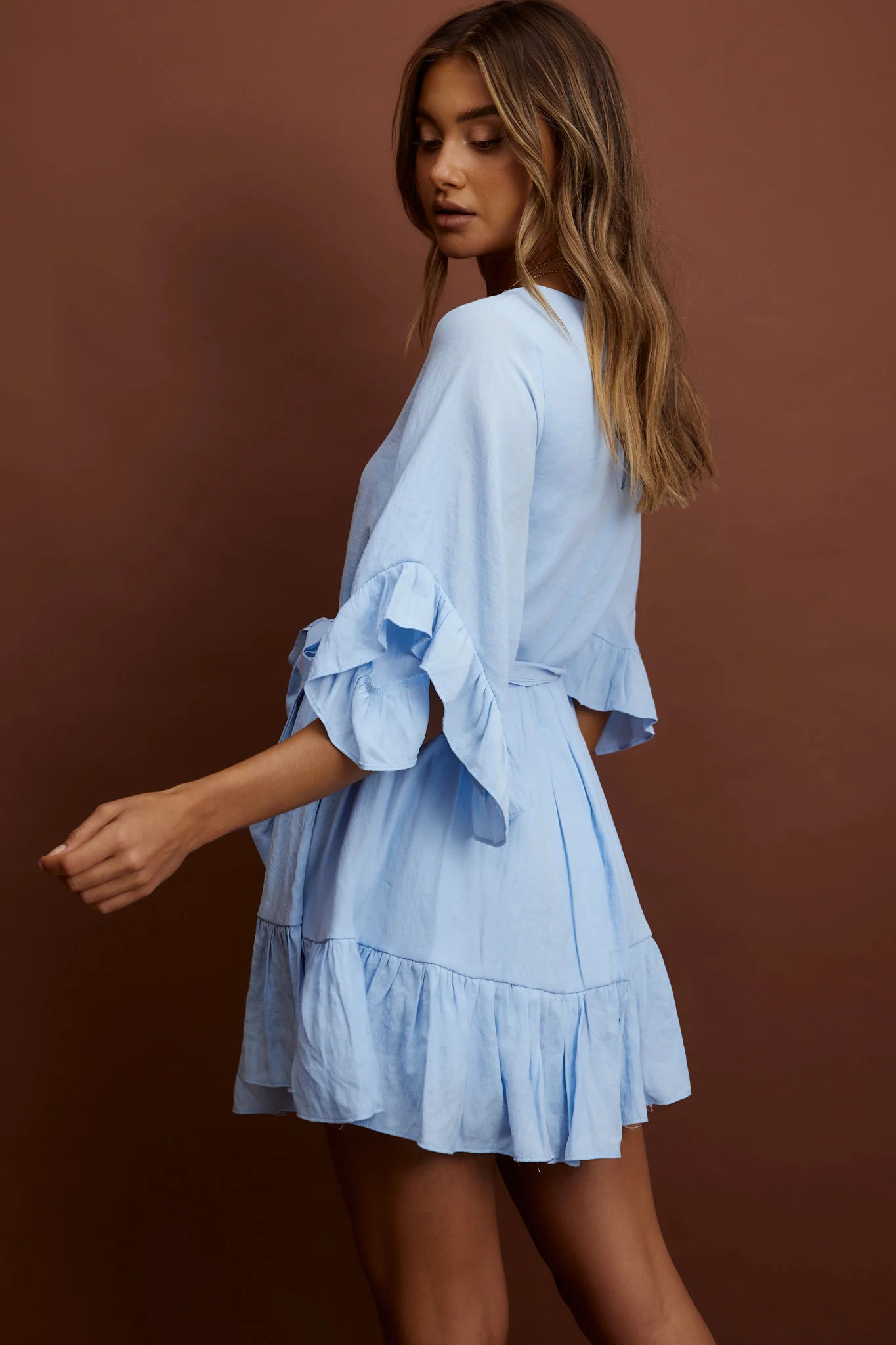 Joni Batwing Sleeve Waist Tie Dress Ruffle Blue - Sonourner