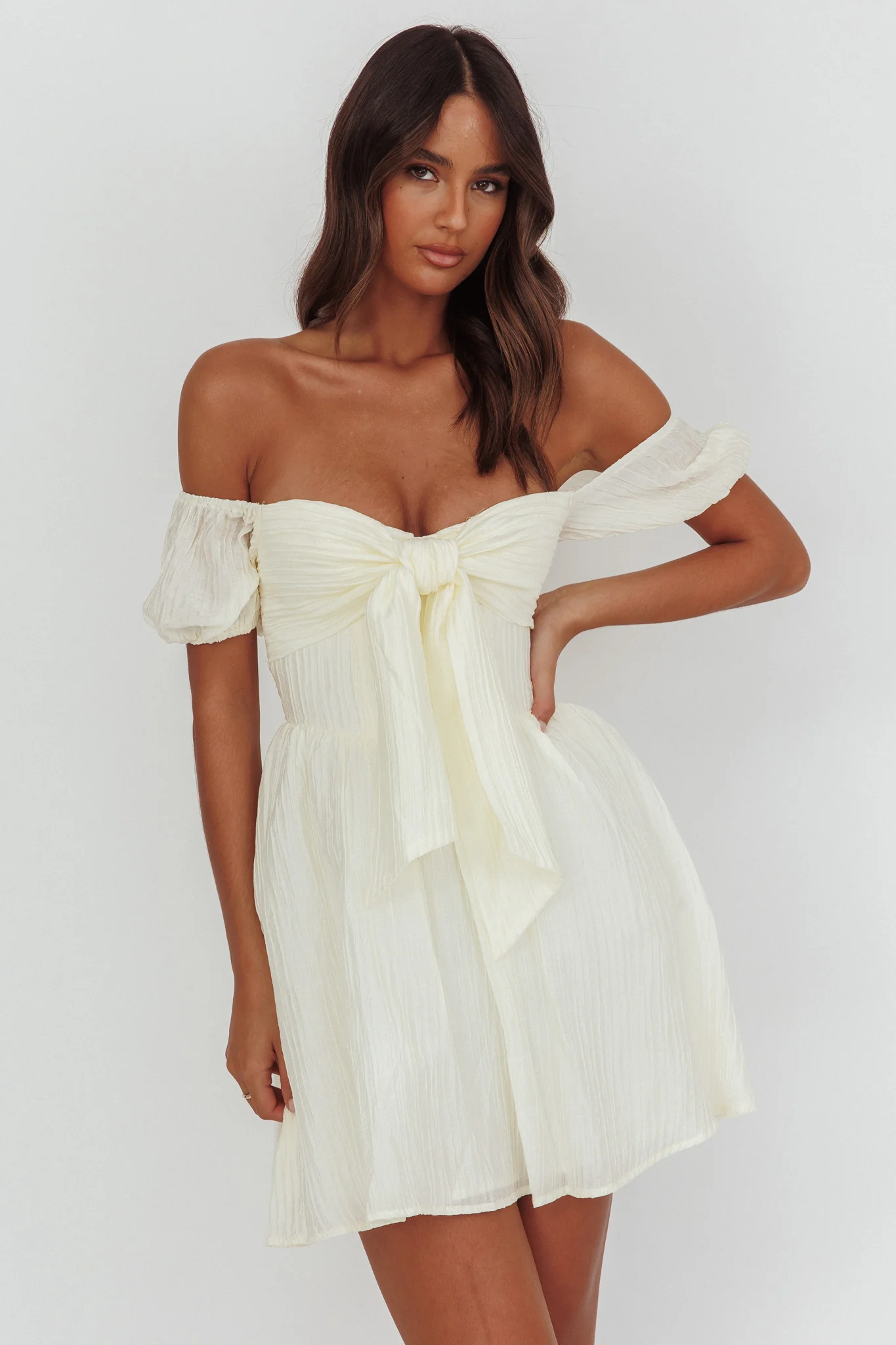 Perfect Worlds Off-Shoulder Mini Dress Textured Ivory - Sonourner