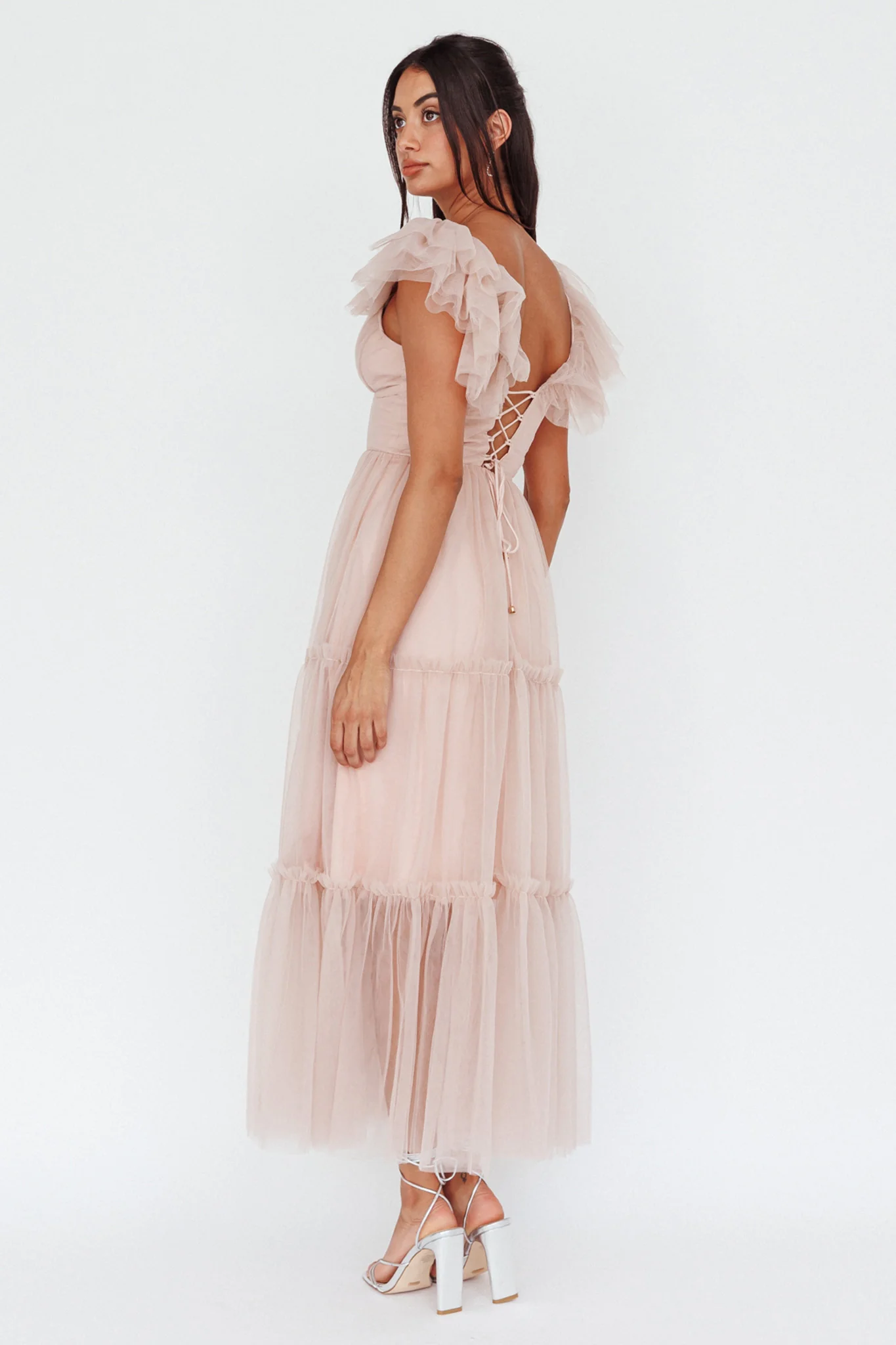 Amal Ruffle Shoulder Tulle Midi Dress Nude - Sonourner