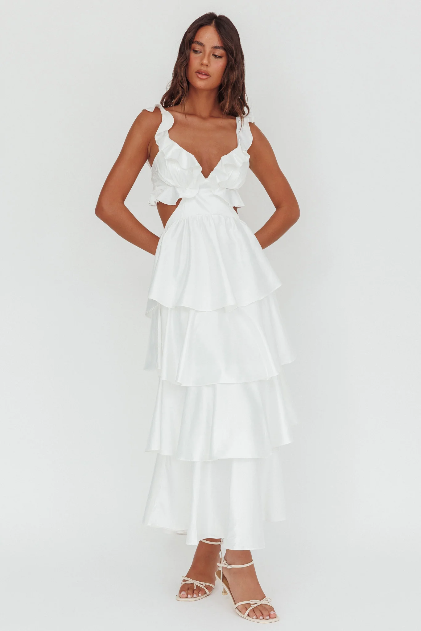 Catalina Tiered Ruffle Cut-Out Maxi Dress White - Sonourner