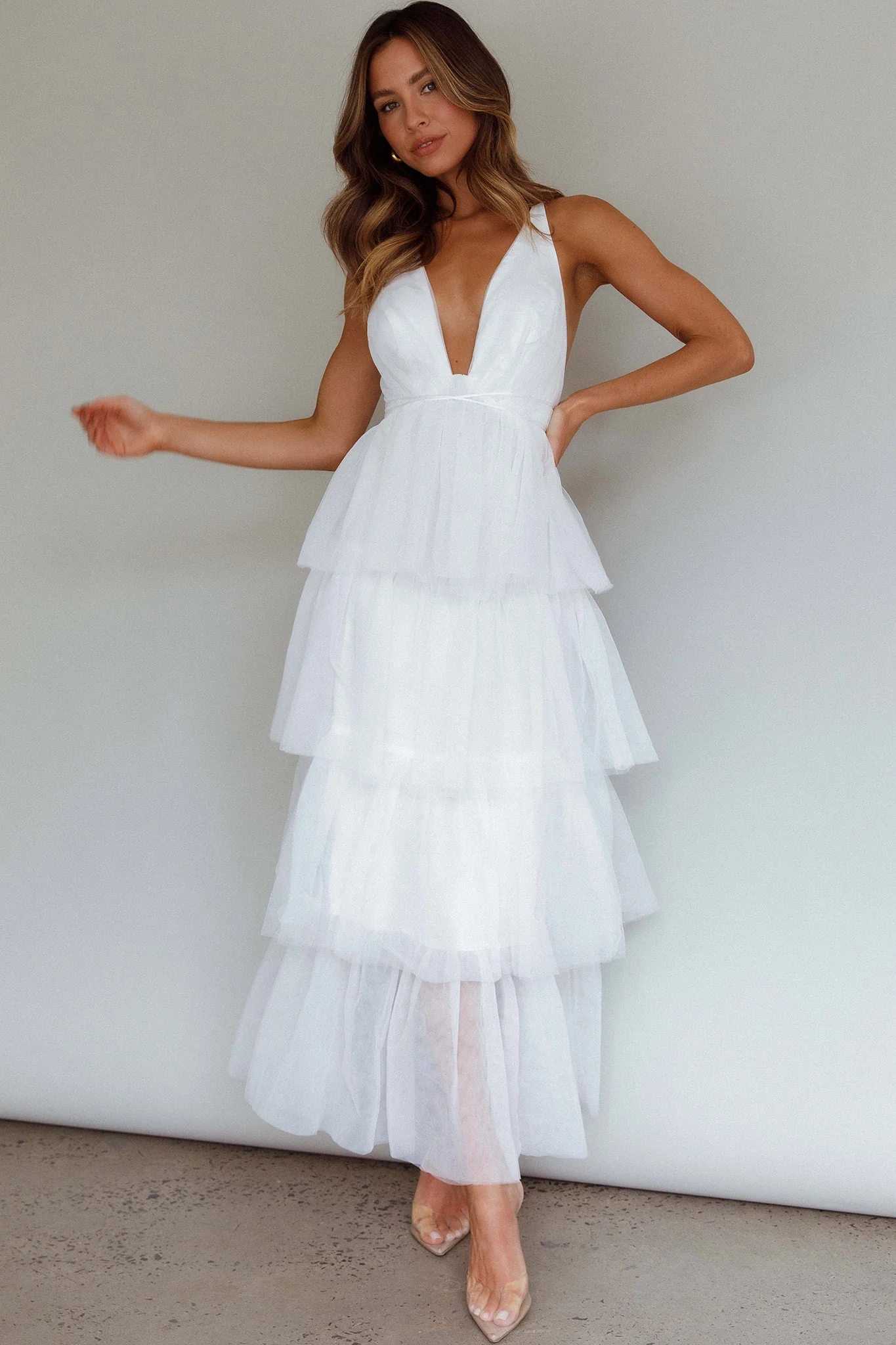 Auguste Tiered Frill Midi Dress White - Sonourner